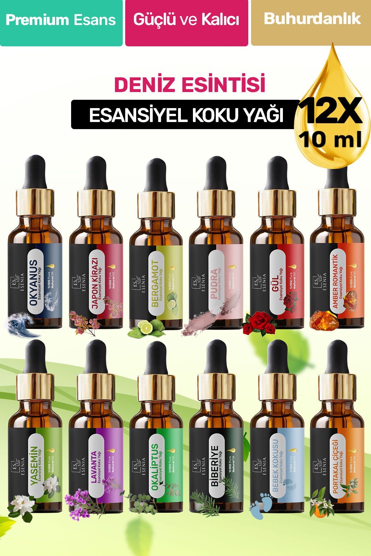 ESENIA 12'lı Set8 Esansiyel Uçucu Yağı Buhurdanlık Difüzör Esansı oda banyo parfümü 10ML x 12