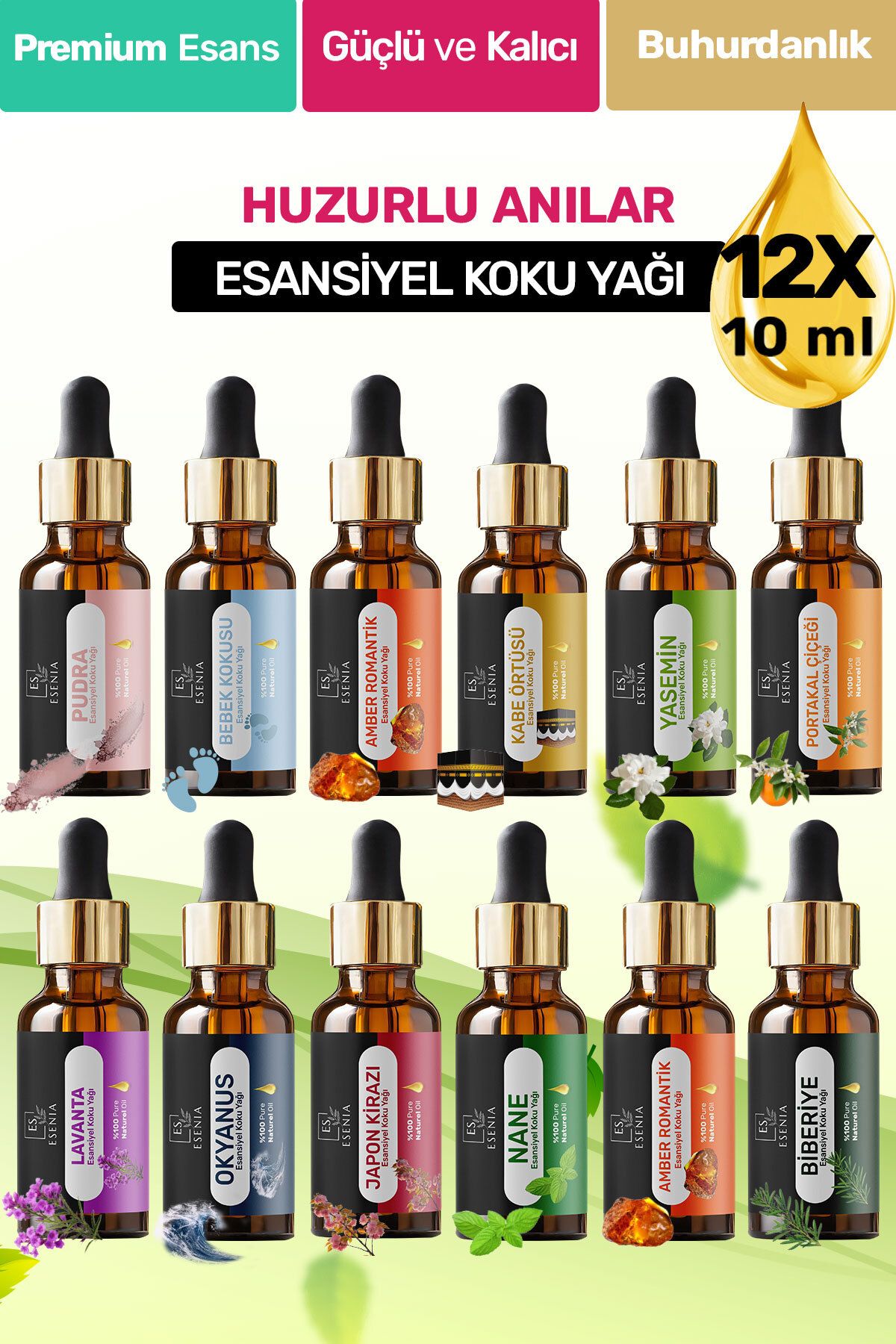 ESENIA 12'lı Set10 Esansiyel Uçucu Yağı Buhurdanlık Difüzör Esansı oda banyo parfümü 10ML x 12