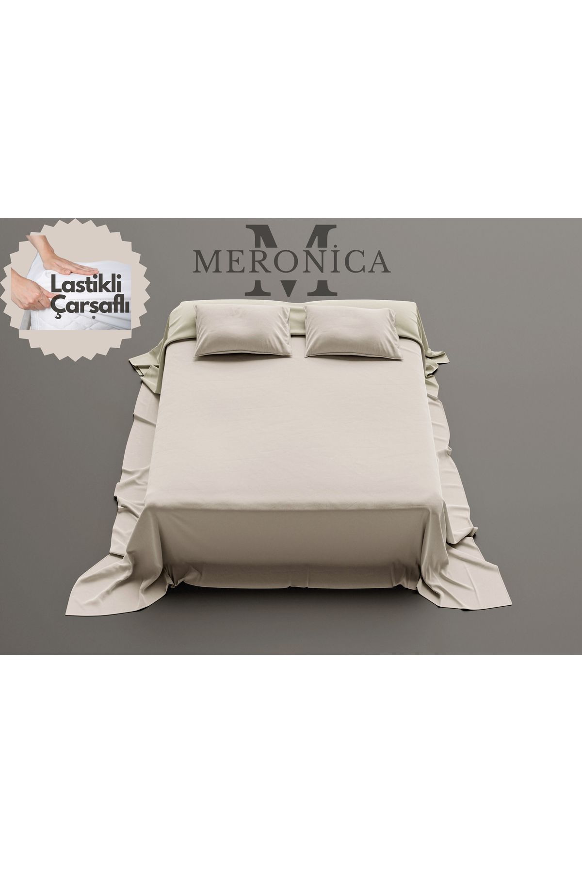 Meronica Home Collection Bej Pamuklu Lastikli Çarşaflı Çift Kişilik Nevresim Takımı