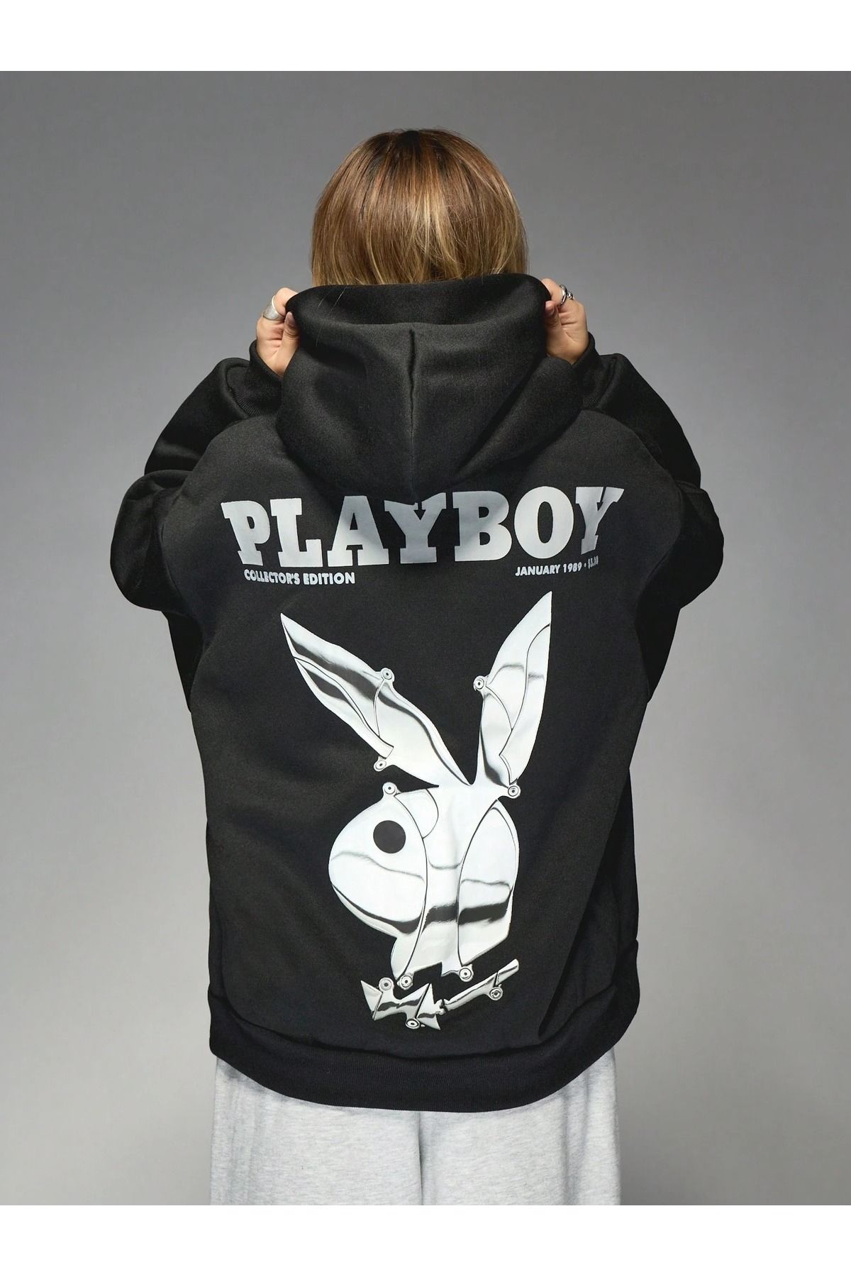 PALPİTO Kadın Siyah Play Boy Baskılı Kapüşonlu Hoodie Sweatshirt