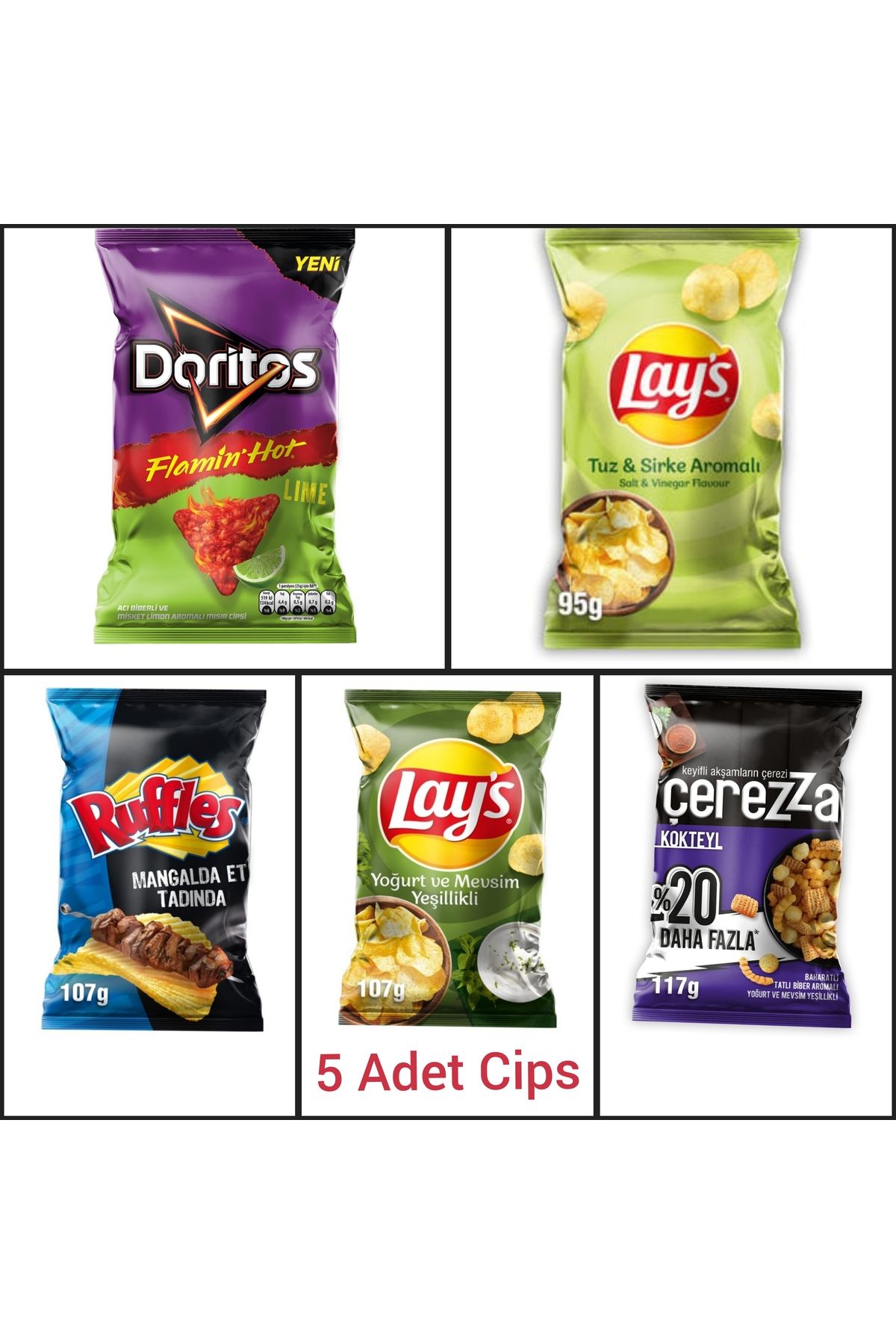 PepsiCo 5 Adet Gurme Cips Lays Ruffles Doritos Çerezza Lays Sirkeli Cips Paketi