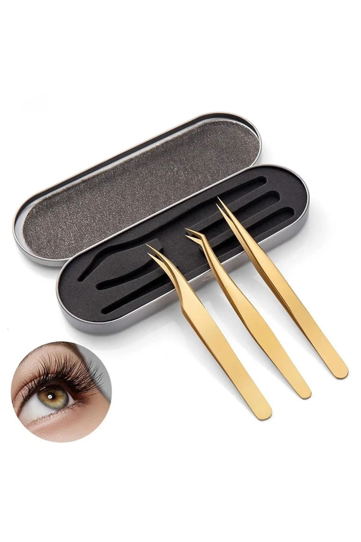 Master Lashes Metal Kutulu Gold 3 Model Profesyonel Ipek Kirpik Cımbız Seti