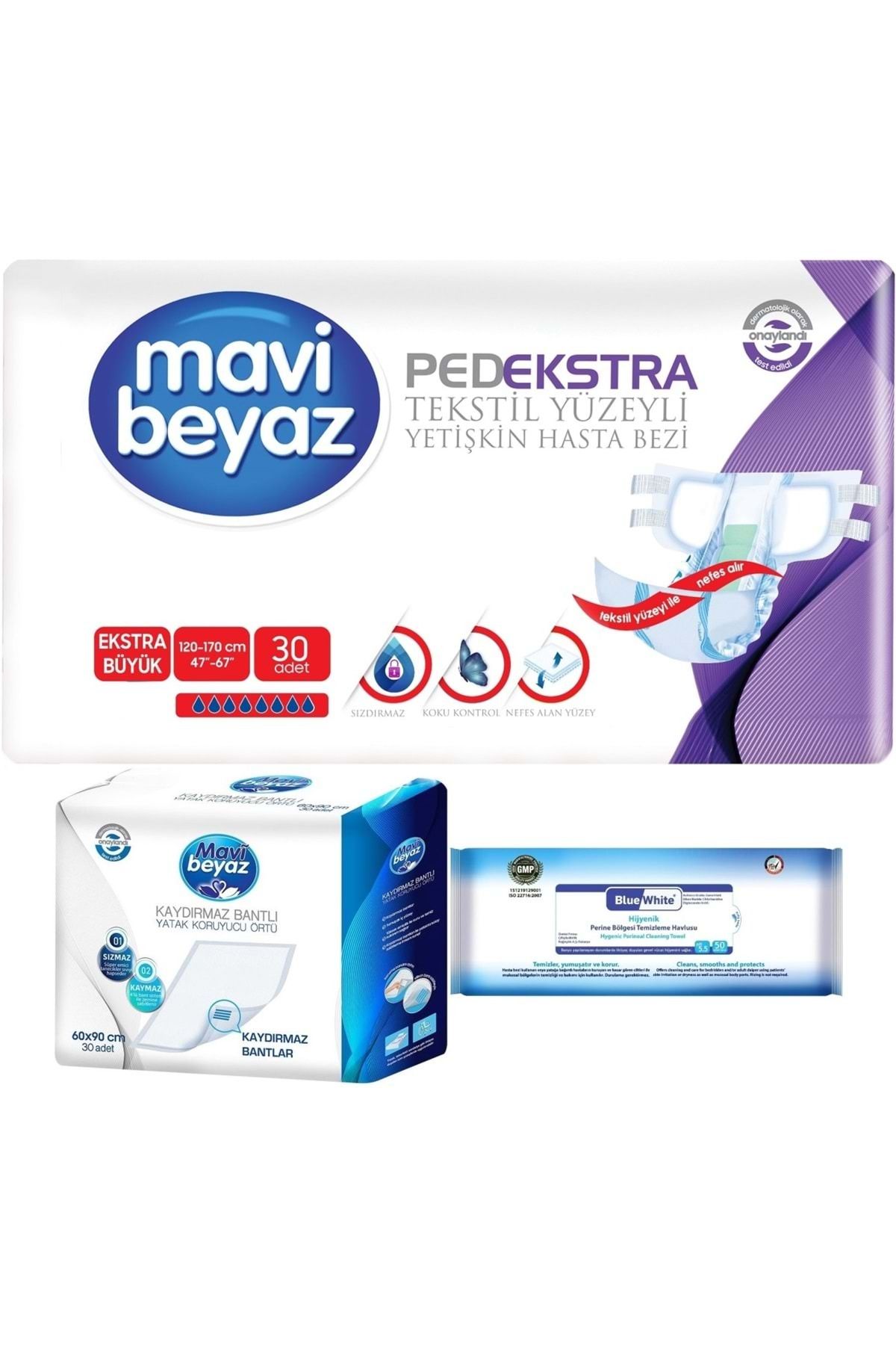 Mavi beyaz Ped Ekstra Tekstil Yüzeyli Yetişkin Bel Bantlı Hasta Bezi XL 30 Adet+Yatak Korucu + Havlu