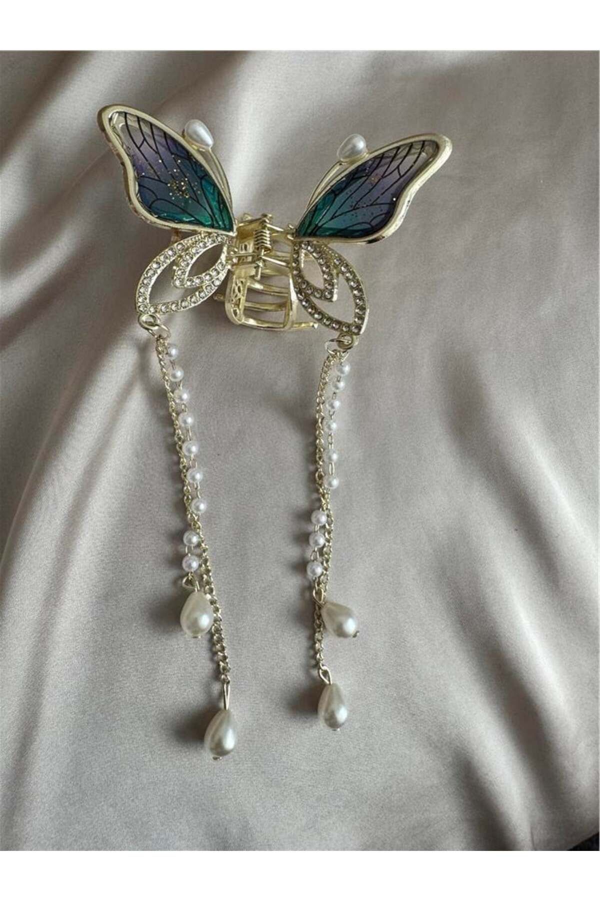 Pelin Aksesuar-Variegated Patterned Butterfly Pearl Dangle Buckle 5