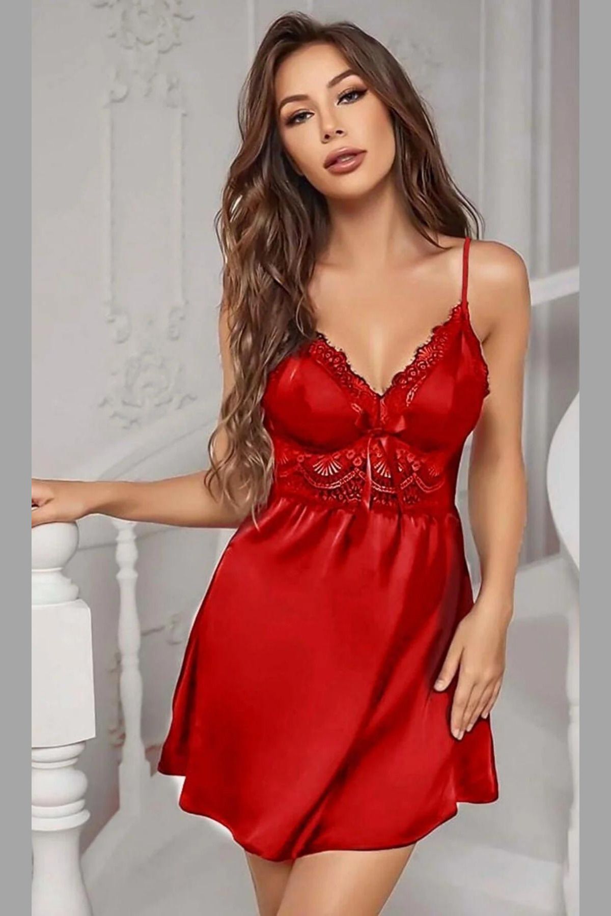 LORIAN'S-Women's Red Satin Nightdress Strap Stylish Design Tie Back 1