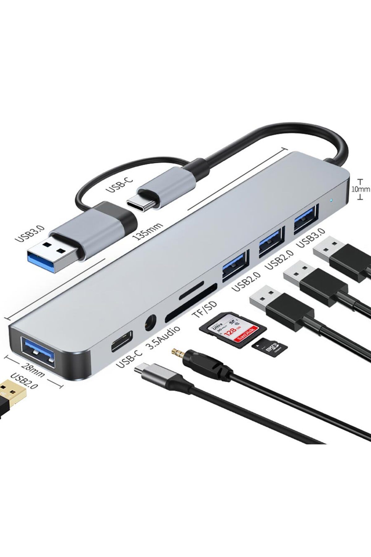 Apera MT96 OTG Kablolu Çoklayıcı Type-C USB Girişli 8in1 Adaptör Hub Çoğaltıcı Kart Okuyucu Aux