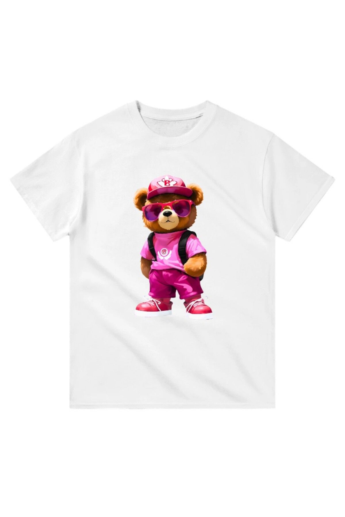 Cooqpoo Pembe Motor Kasklı Ayı Baskılı XS-S-M-L-XL-2XL Beden Kadın Erkek Unisex Pamuklu Beyaz Tshirt