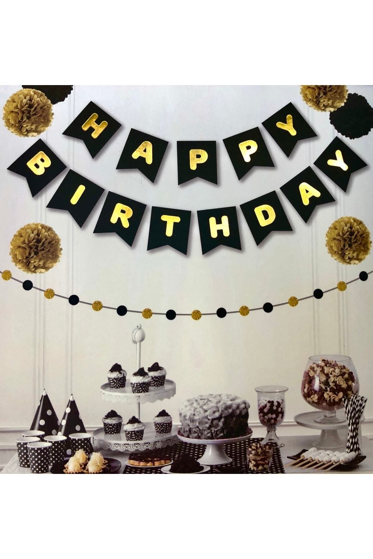 PLAN party STORE Siyah Üstüne Gold Altın Sarısı Yaldızlı Happy Birthday Yazılı Doğum Günü Partisi Karton Yazı Banner