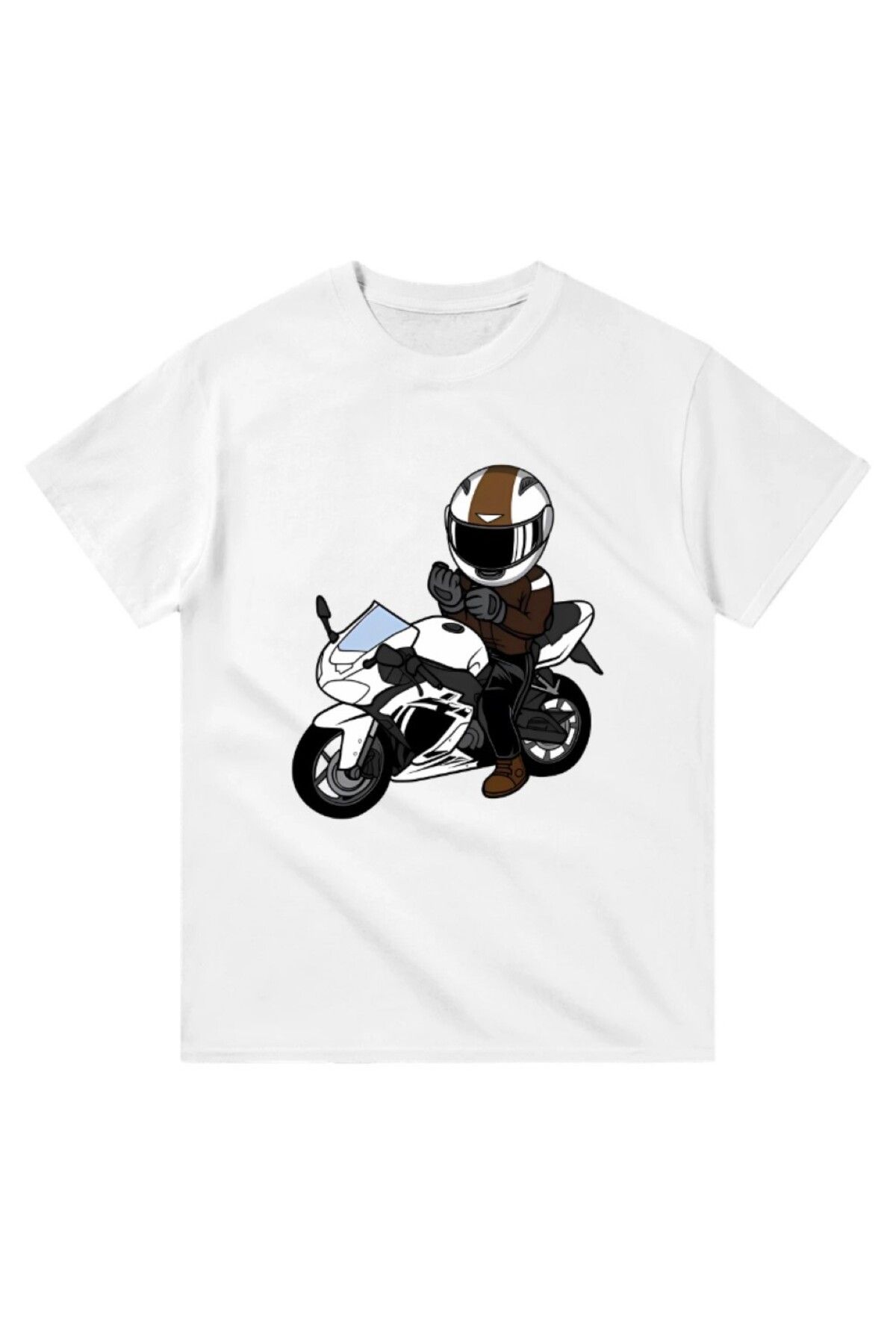 Cooqpoo Motora Binen Kasklı Adam Baskılı XS-S-M-L-XL-2XL Beden Kadın Erkek Unisex Pamuklu Beyaz Tshirt