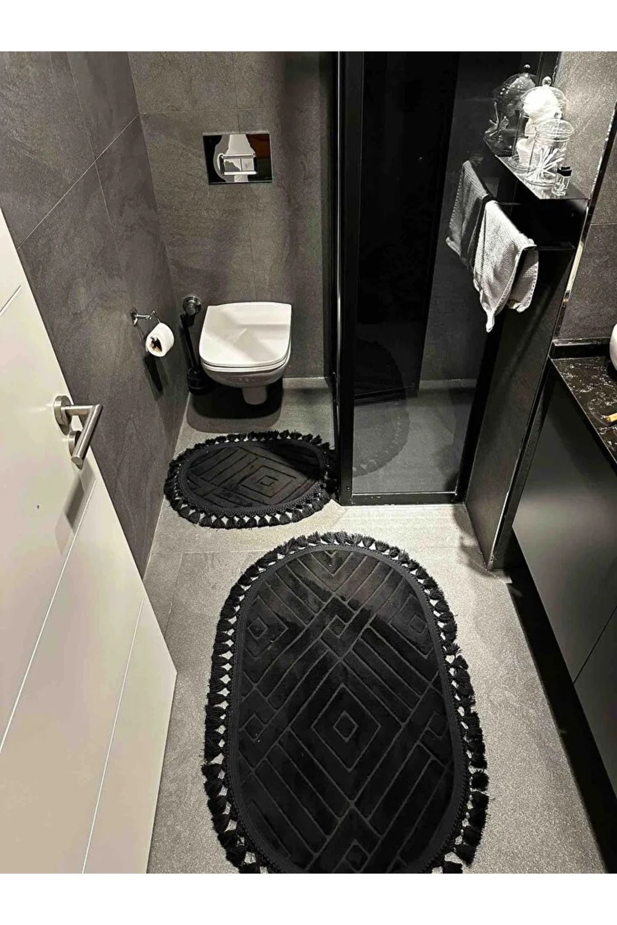 VolgsHome Yıkanabilir Saçaklı Kaymaz Dot Taban Yumuşak Peluş Banyo Paspası 2'li Set 60x100ve40x60cm