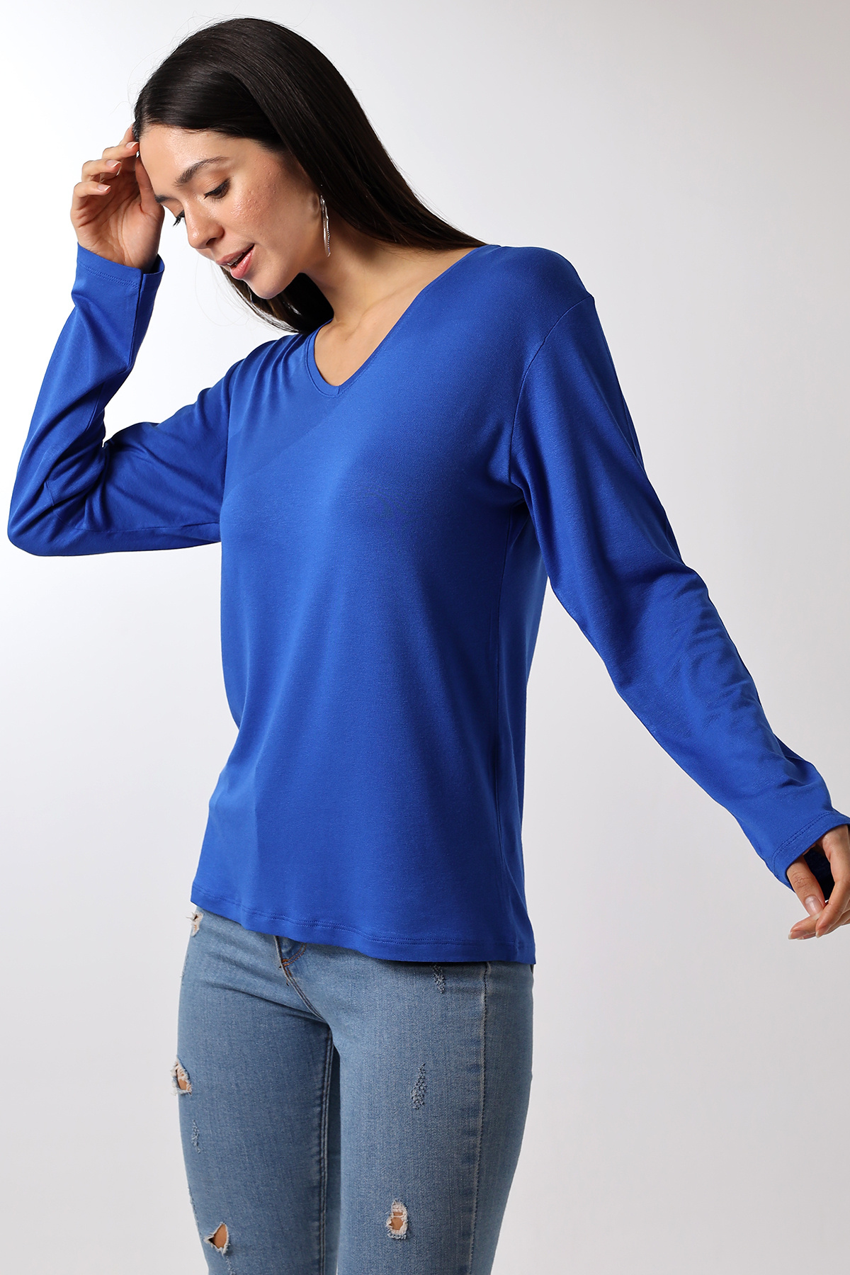 Devinka-Tricou de bază cu mânecă lungă oversize, cu decolteu în V, pachet de 2 4