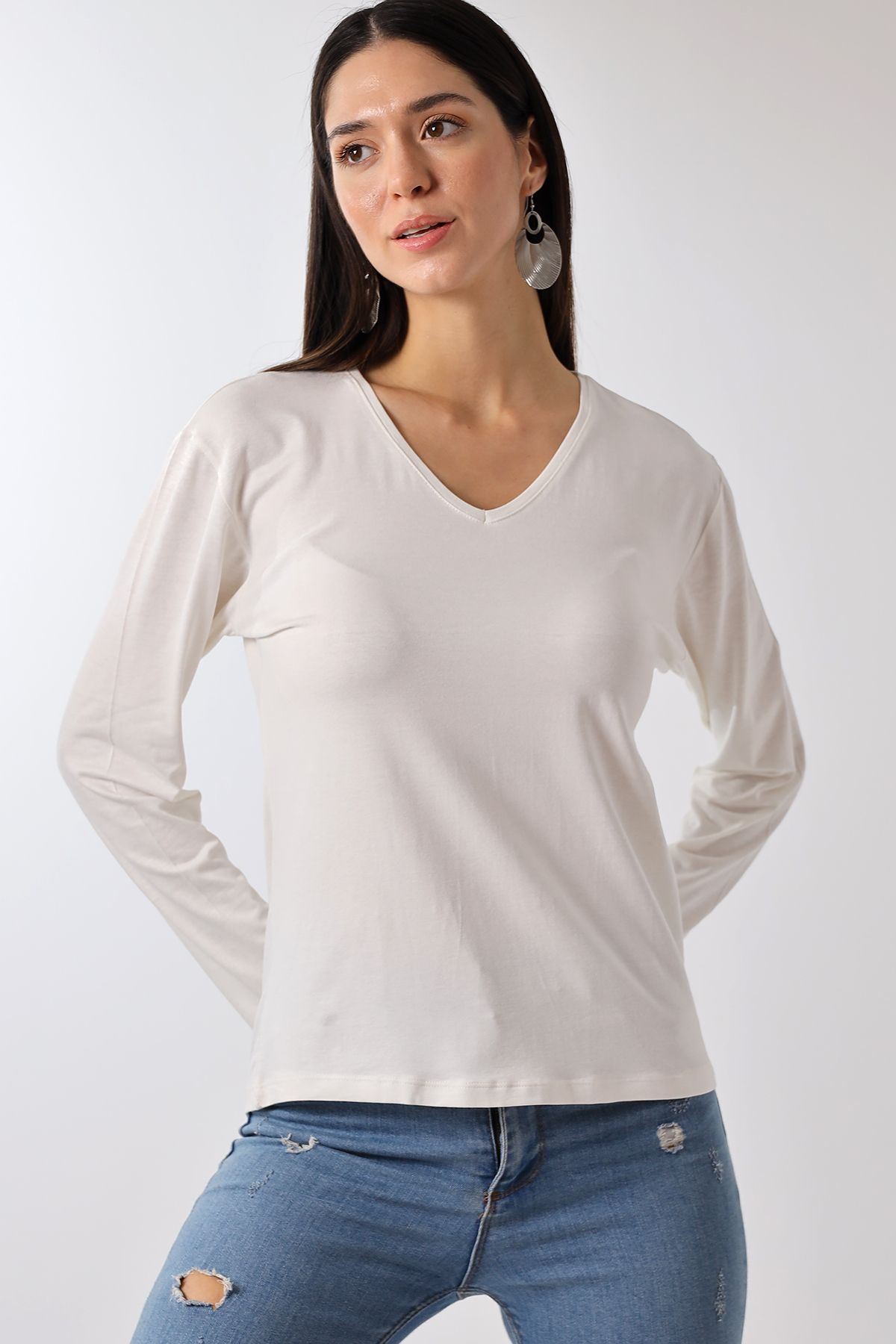 Devinka-Tricou de bază cu mânecă lungă oversize, cu decolteu în V, pachet de 2 2