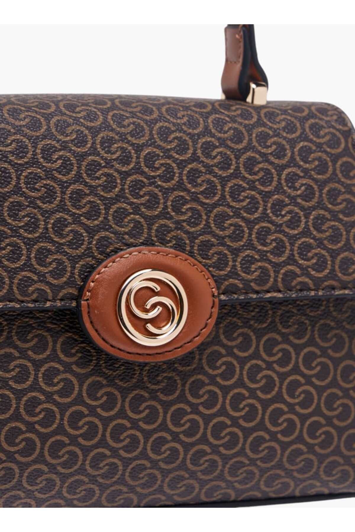 Celeste-Monogram Print Satchel Bag with Button Closure and Adjustable Strap 4