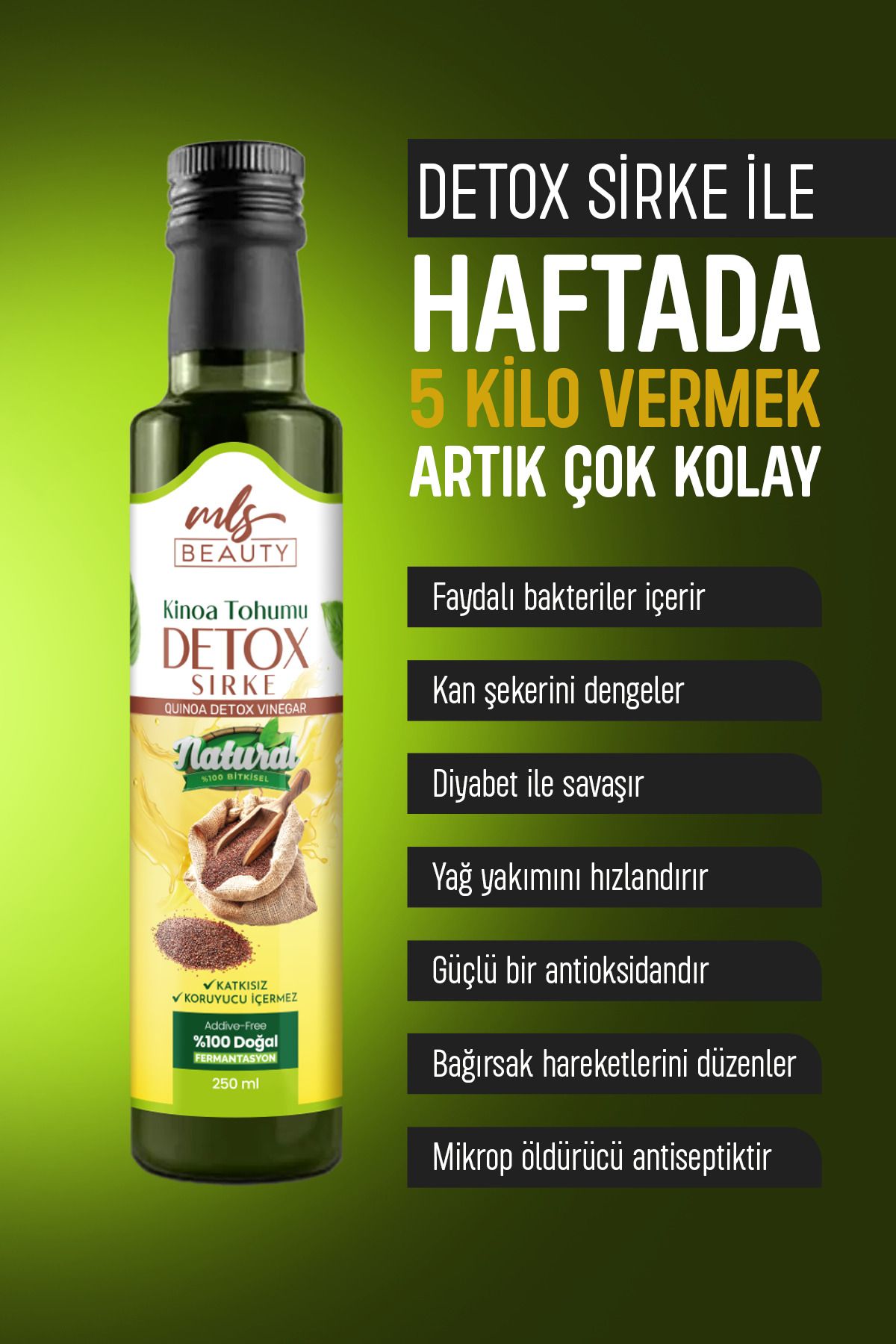 milacus Doğal Kinoa Tohumu Detox Sirkesi&Ananas içeren 250ml