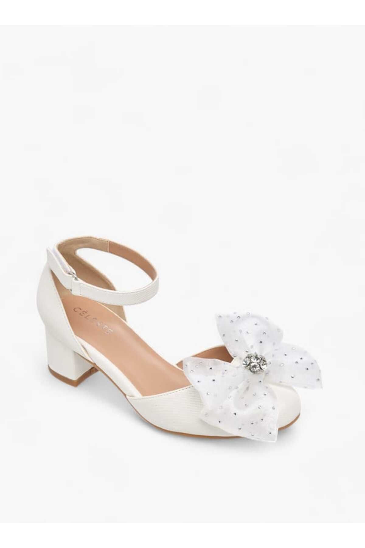 Celeste-Girls' Flower Applique Block Heel Shoes with Hook and Loop Closure 2