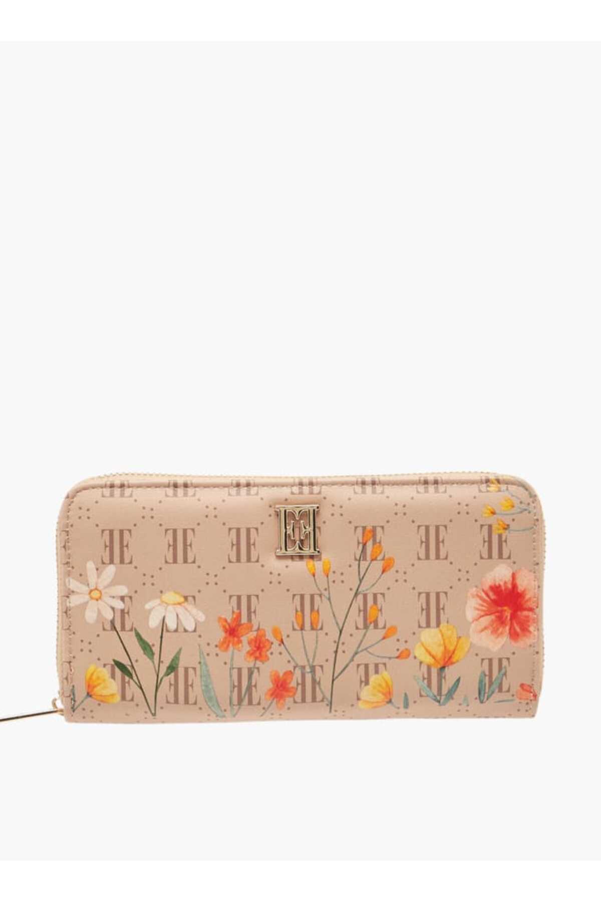 ELLE-Monogram Floral Print Wallet with Zip Closure - W 19.5 x H 10 x D 3.5 cm 1