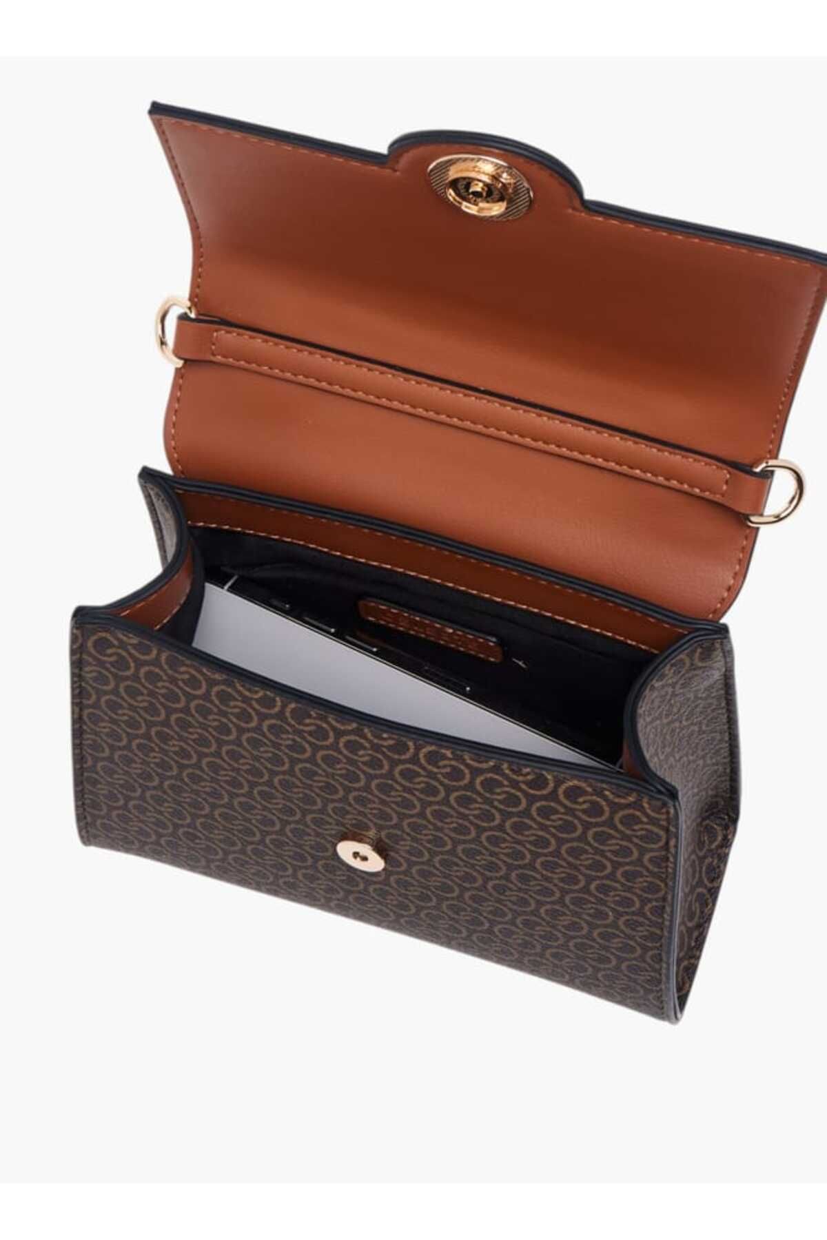 Celeste-Monogram Print Satchel Bag with Button Closure and Adjustable Strap 7