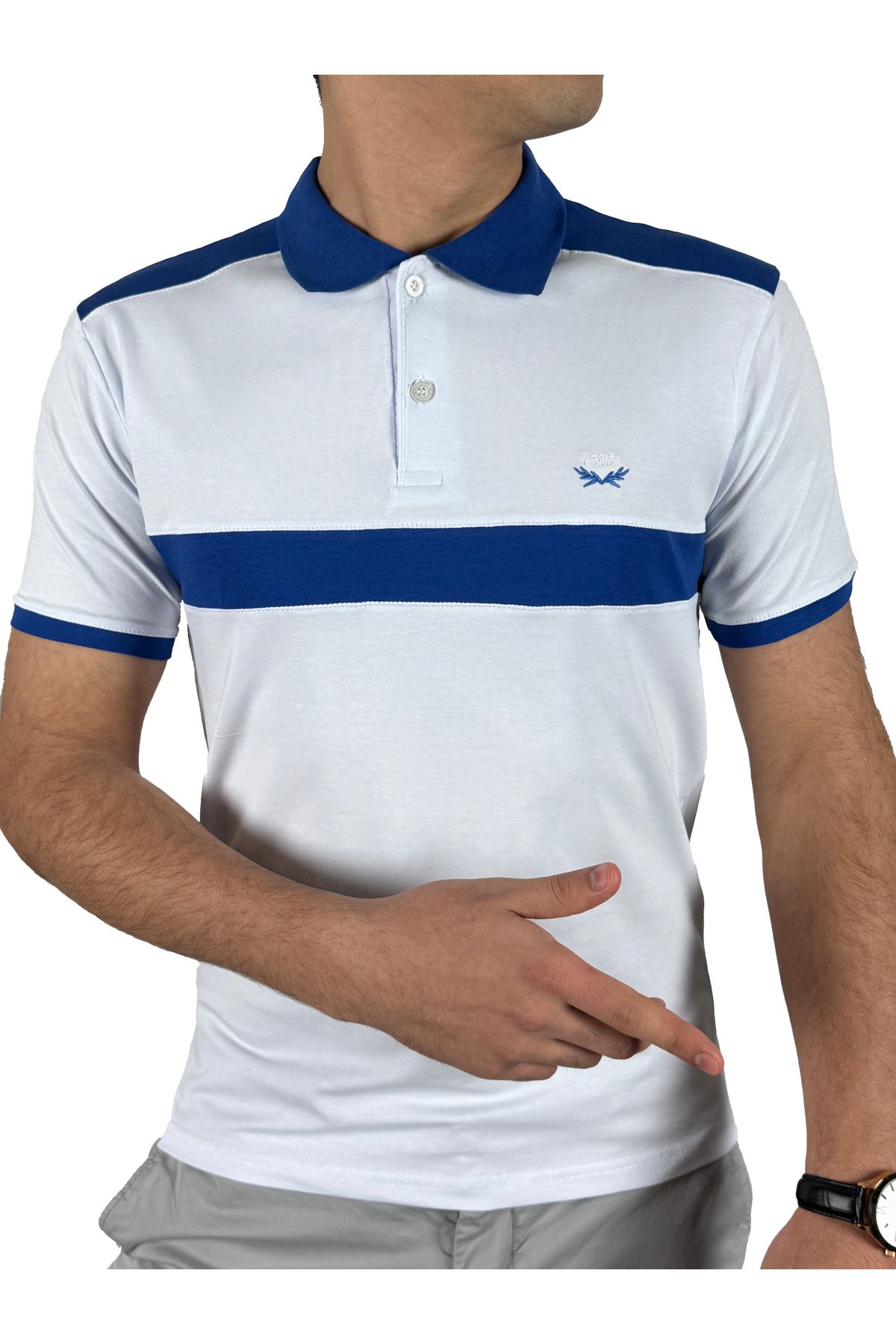 YSBM Erkek Beyaz Polo Yaka Pamuklu Parçalı Rahat Slim Fit Dar Kesim T-shirt 8488