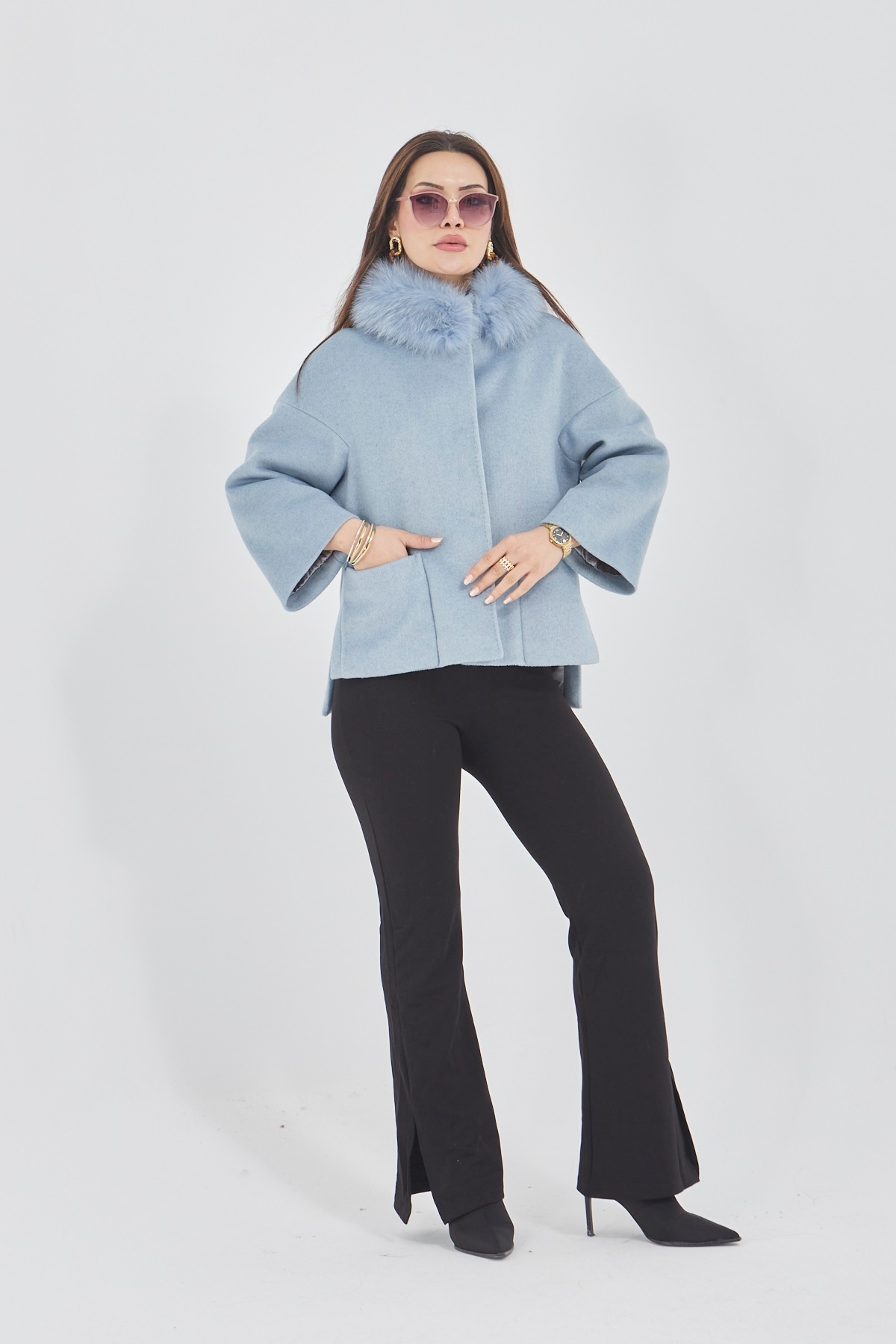 baydemir tekstil  Tilki Kürklü Hakim Yaka Kaşe Kaban - Görsel 4