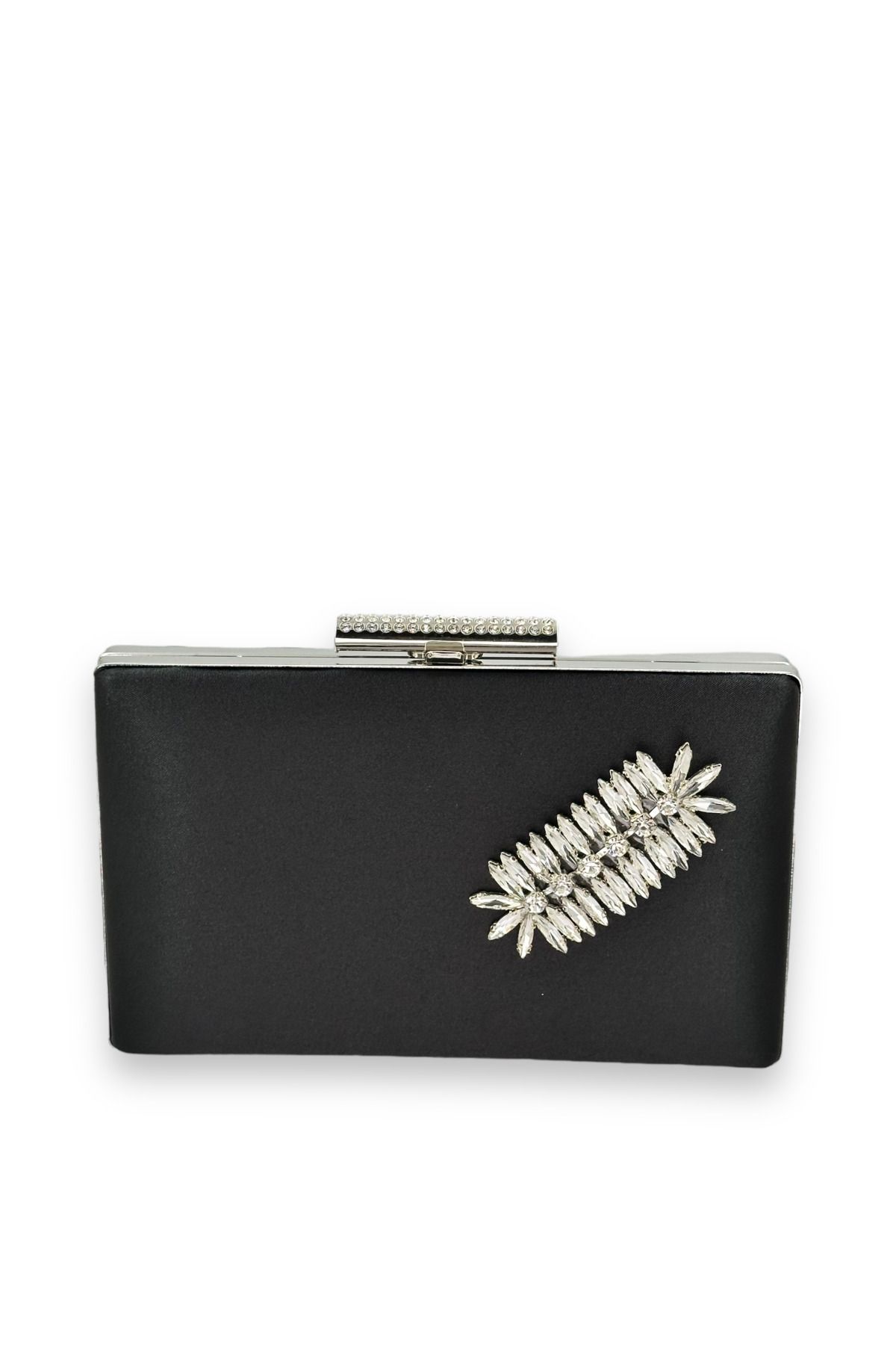 MidStore Siyah Renk Saten Kristal Taşlı Abiye Çanta Gece Çantası Kına Gelin Mezuniyet Çantası Clutch Portföy