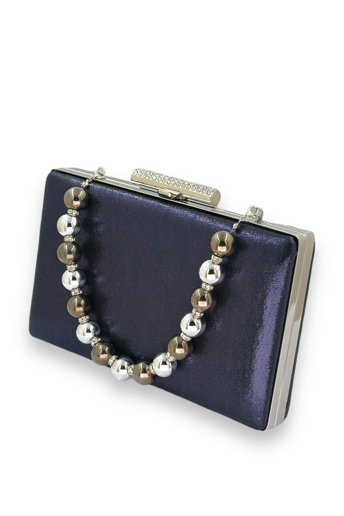 Veste Moda-Navy Blue Plated Satin Pearl Handle Crystal Patterned Matte Leather Evening Dress Bag Evening Bag 2