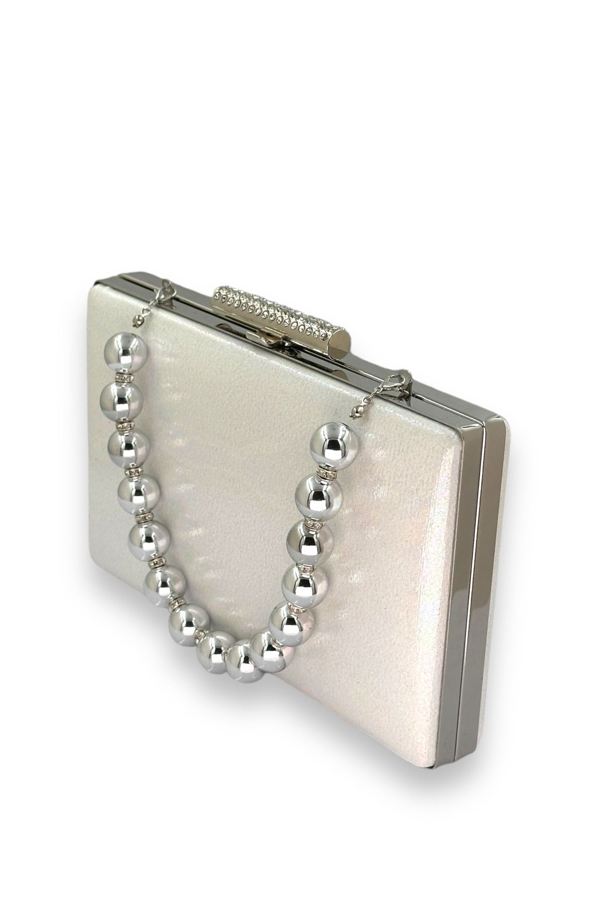 Veste Moda-Mother of Pearl Plated Satin Pearl Handle Crystal Patterned Matte Leather Evening Bag Evening Bag 2