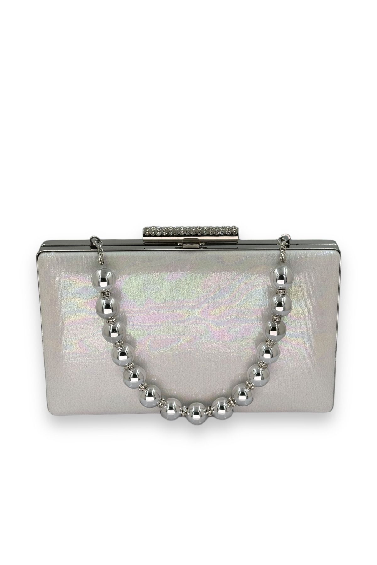 Veste Moda-Mother of Pearl Plated Satin Pearl Handle Crystal Patterned Matte Leather Evening Bag Evening Bag 1