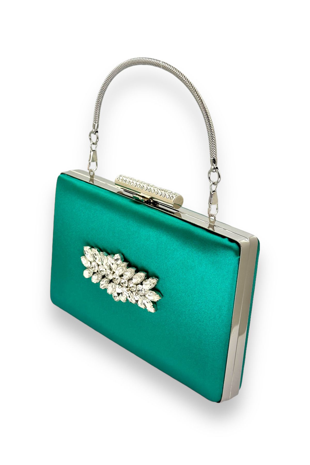 MidStore Yeşil Renk Saplı Saten Kristal Taşlı Abiye Çanta Gece Çantası Kına Gelin Mezuniyet Çantası Clutch