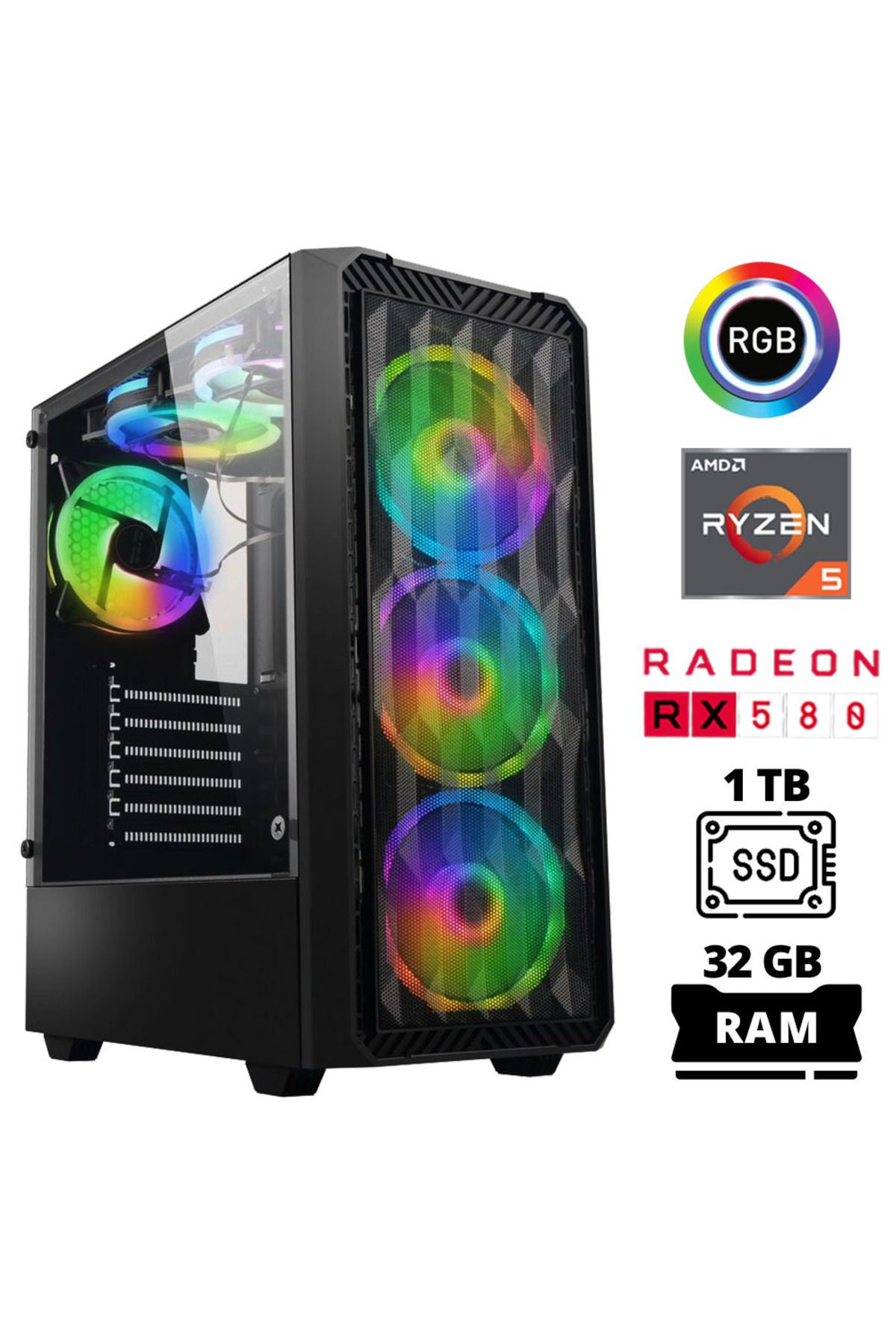 XASER Xsr1036 Ryzen 5 3600 32GB Ram 1TB SSD 8GB RX580 Oyuncu Masaüstü Bilgisayarı