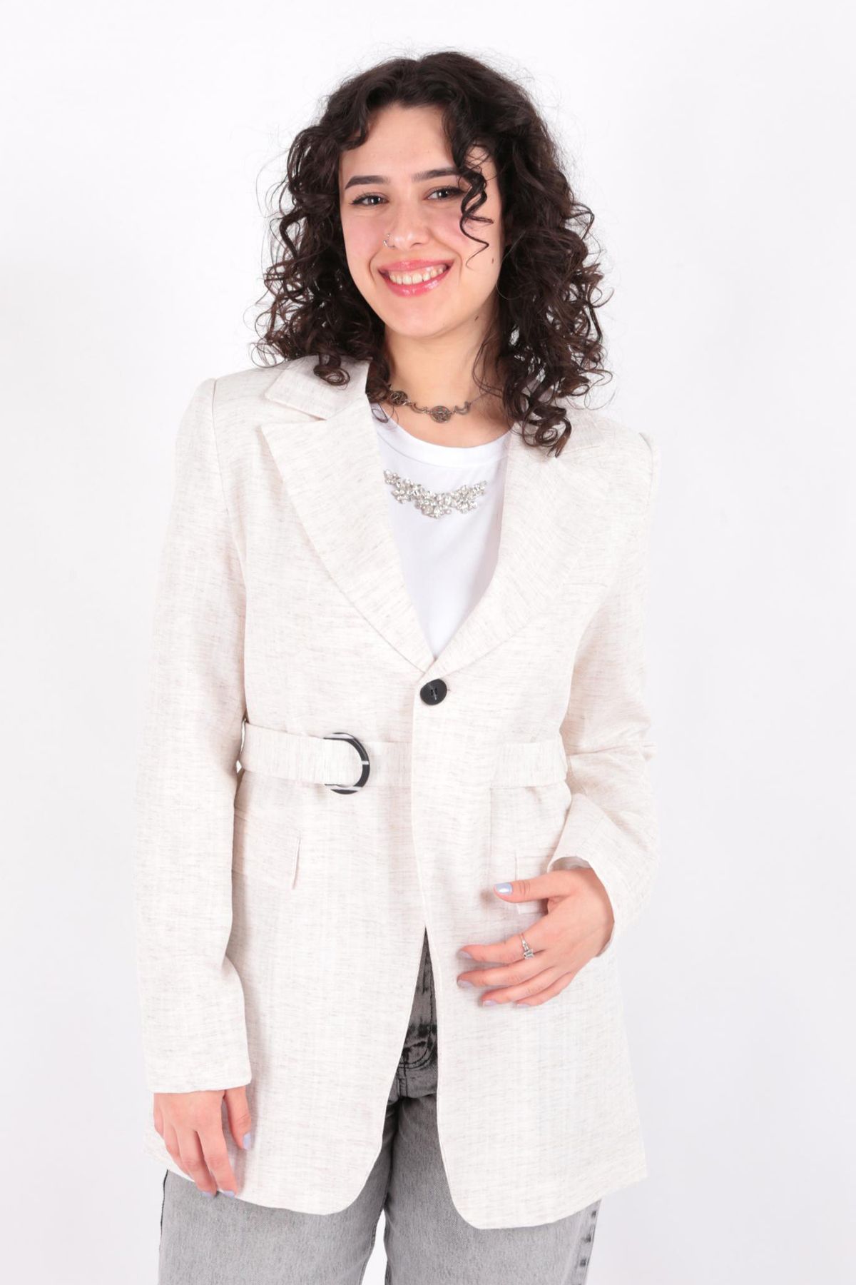 Aynaz -14539 Kadin Kemerli Blazer Ceket