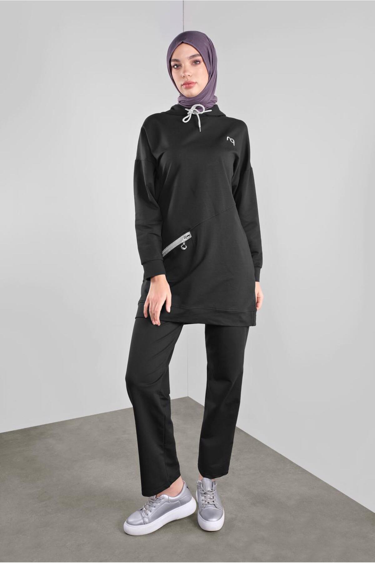 لباس ورزشی زنانه جیب دار مشکی زیپ دار ۴۸۰۸ TRENDTESETTÜR