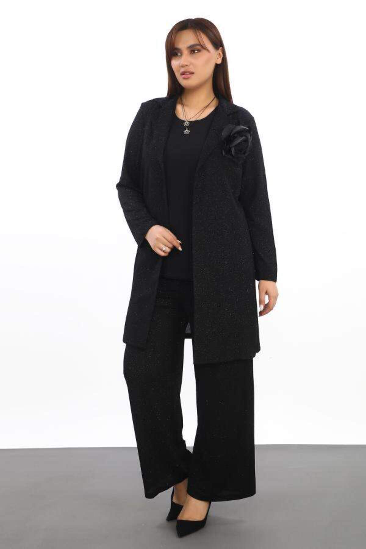 ANGELINO-Women's Plus Size 3 Piece Silvery Evening Dress Set - Black Pants, Blouse and Jacket 1