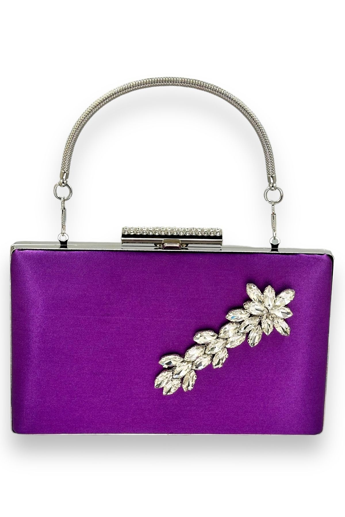 MidStore Mor Renk Saten Kristal Taşlı Abiye Çanta Gece Çantası Kına Gelin Mezuniyet Çantası Clutch Portföy