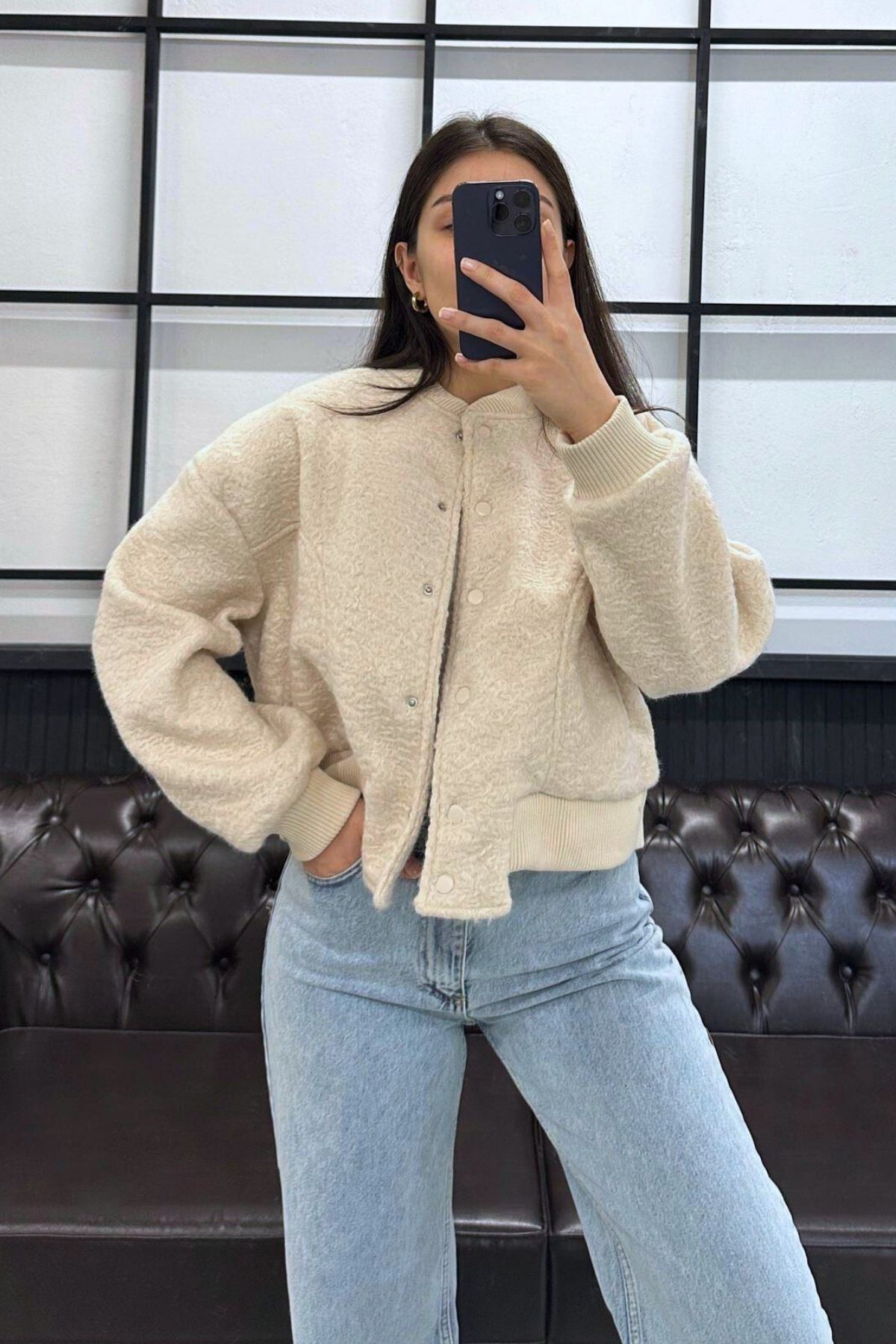 JaMolls kaşe yün görünümlü bol kesim çıtçıt kapama cep detay crop trend bomber pinterest muadil ceket mont görsel 3