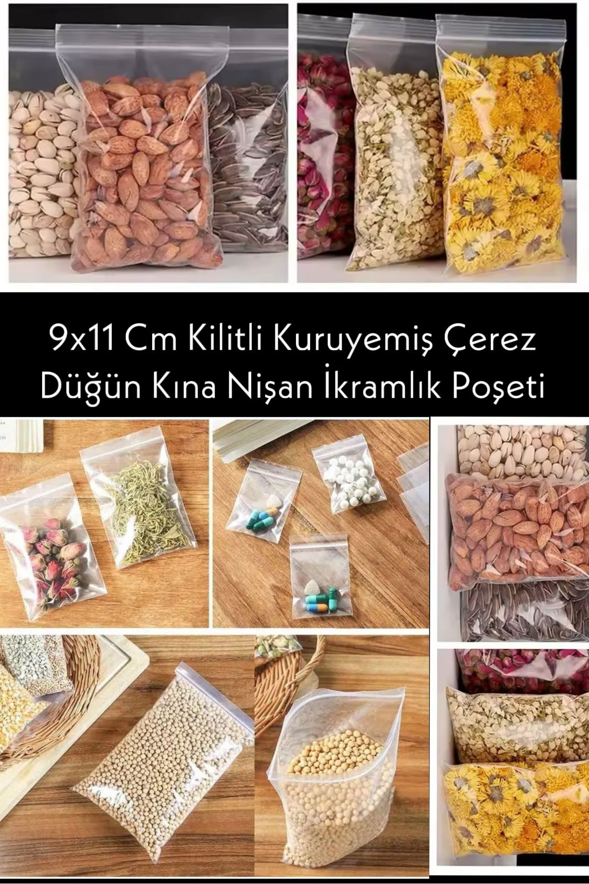 Özkan Ambalaj Temizlik 100 Adet 9x11 Cm Düğün Nişan Sünnet Kına Çerez Lokum Poşeti Kilitli Poşet (1 Çay Bardağı Çerez Alır)