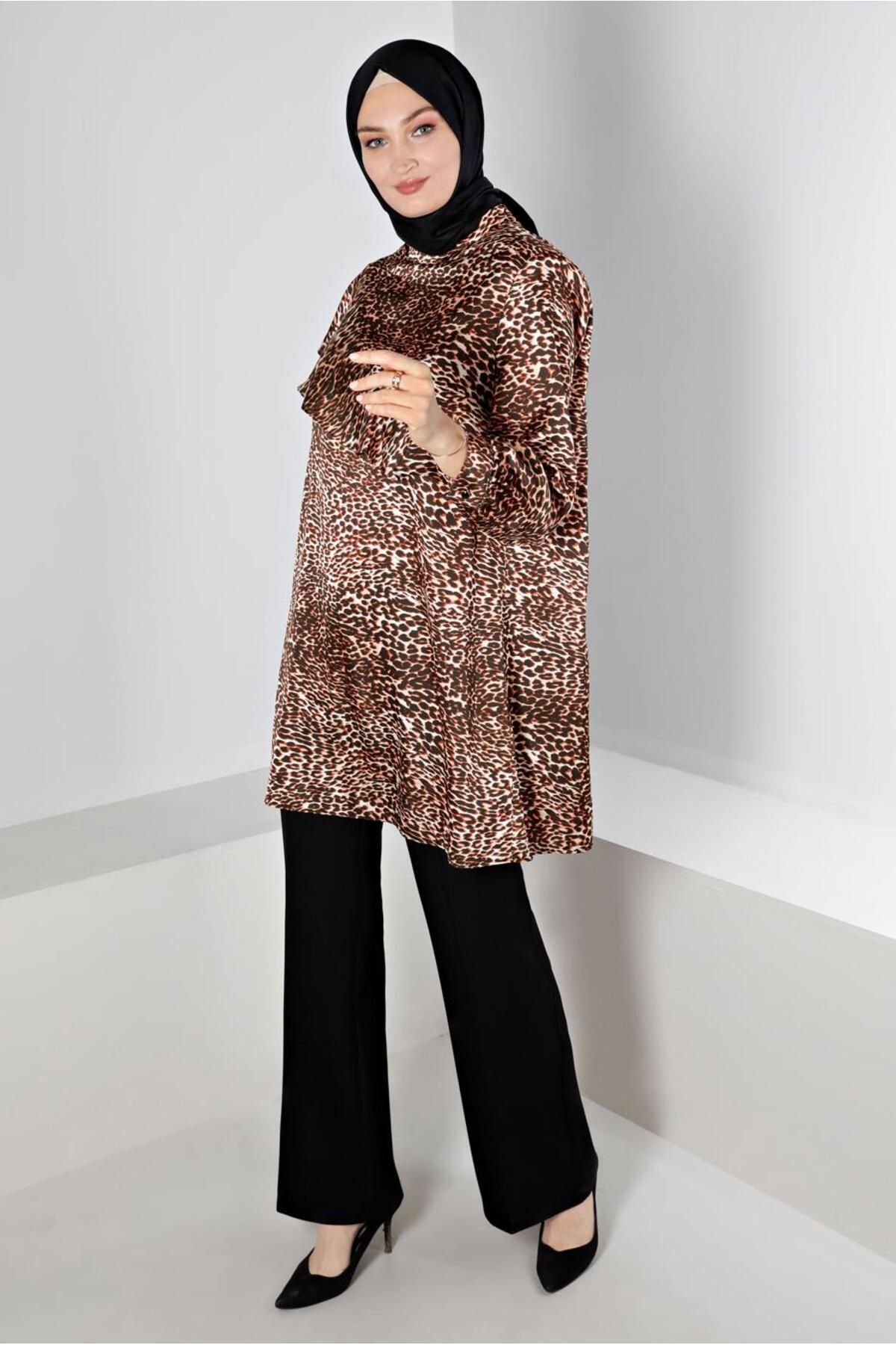 تونیک پوشیده چند رنگ زنانه باند الگوی پلنگ RUFFLE SATIN TUNIC 20309 آلوینا Alvina