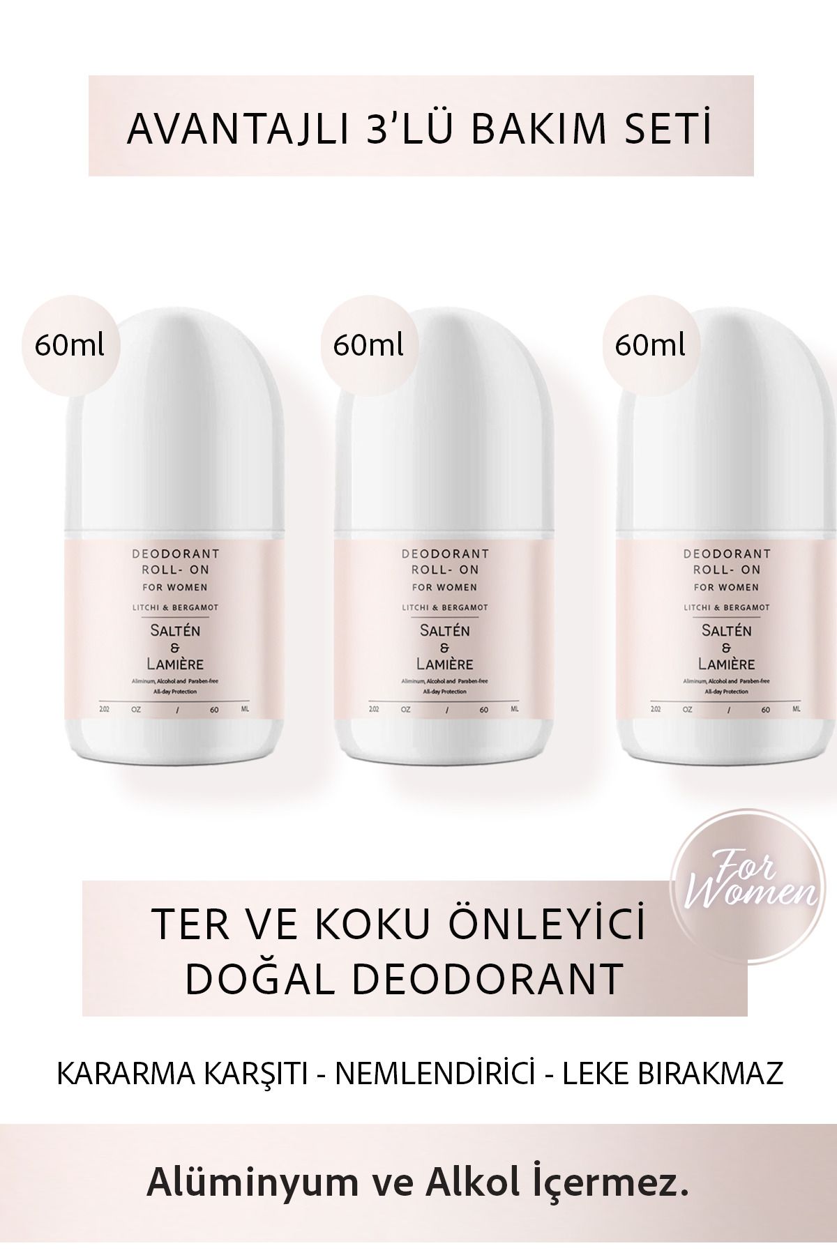 Salten Lamıere 3'lü Set Koltuk Altı Roll On Terleme ve Ter Kokusu Önleyici Doğal Beyazlatıcı Etkili Kadın Deodorant