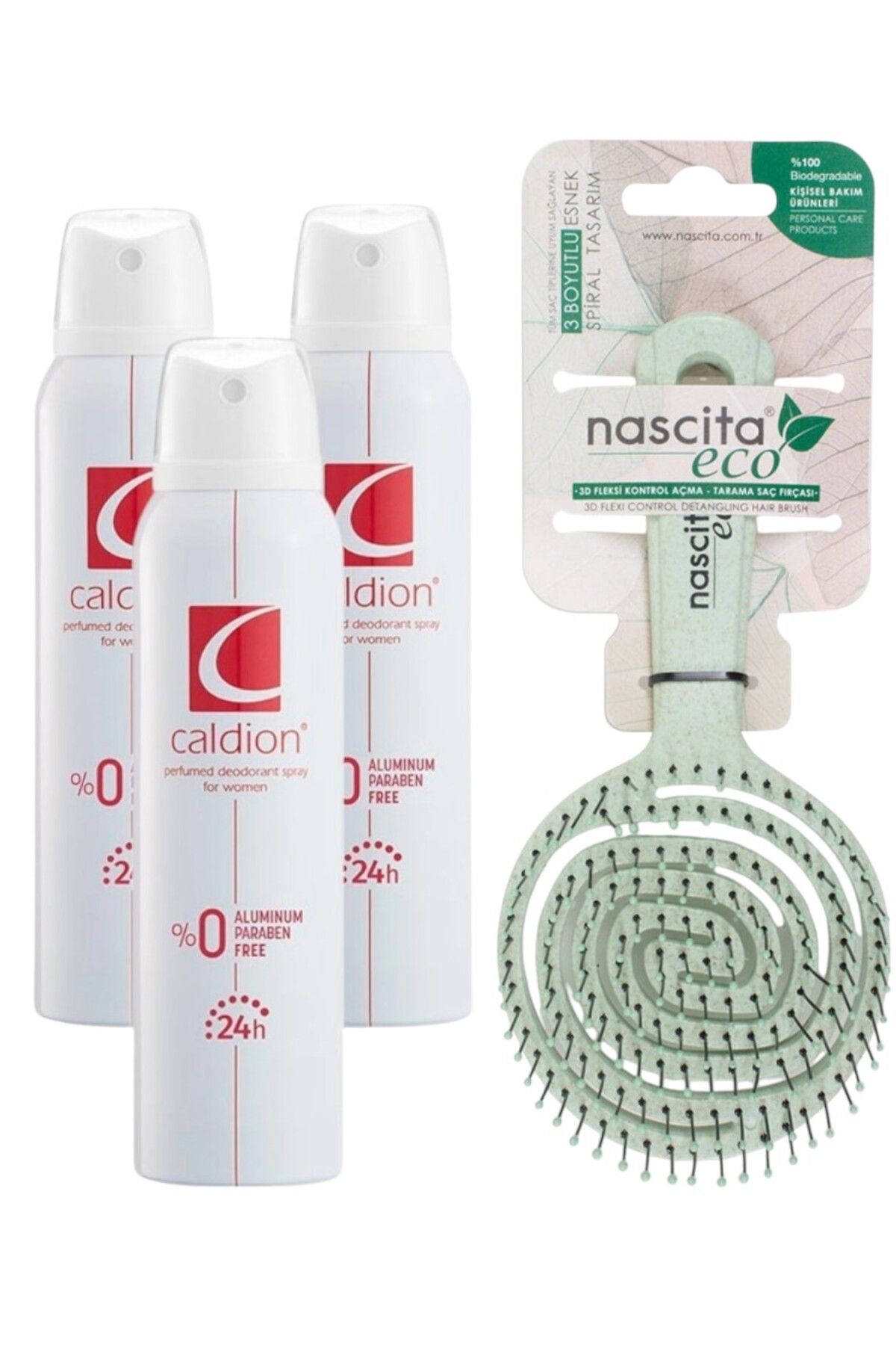 Caldion Women Deodorant 150 ml X 3 Adet + Nascita-Eco Vegan Saç Fırçası Yeşil