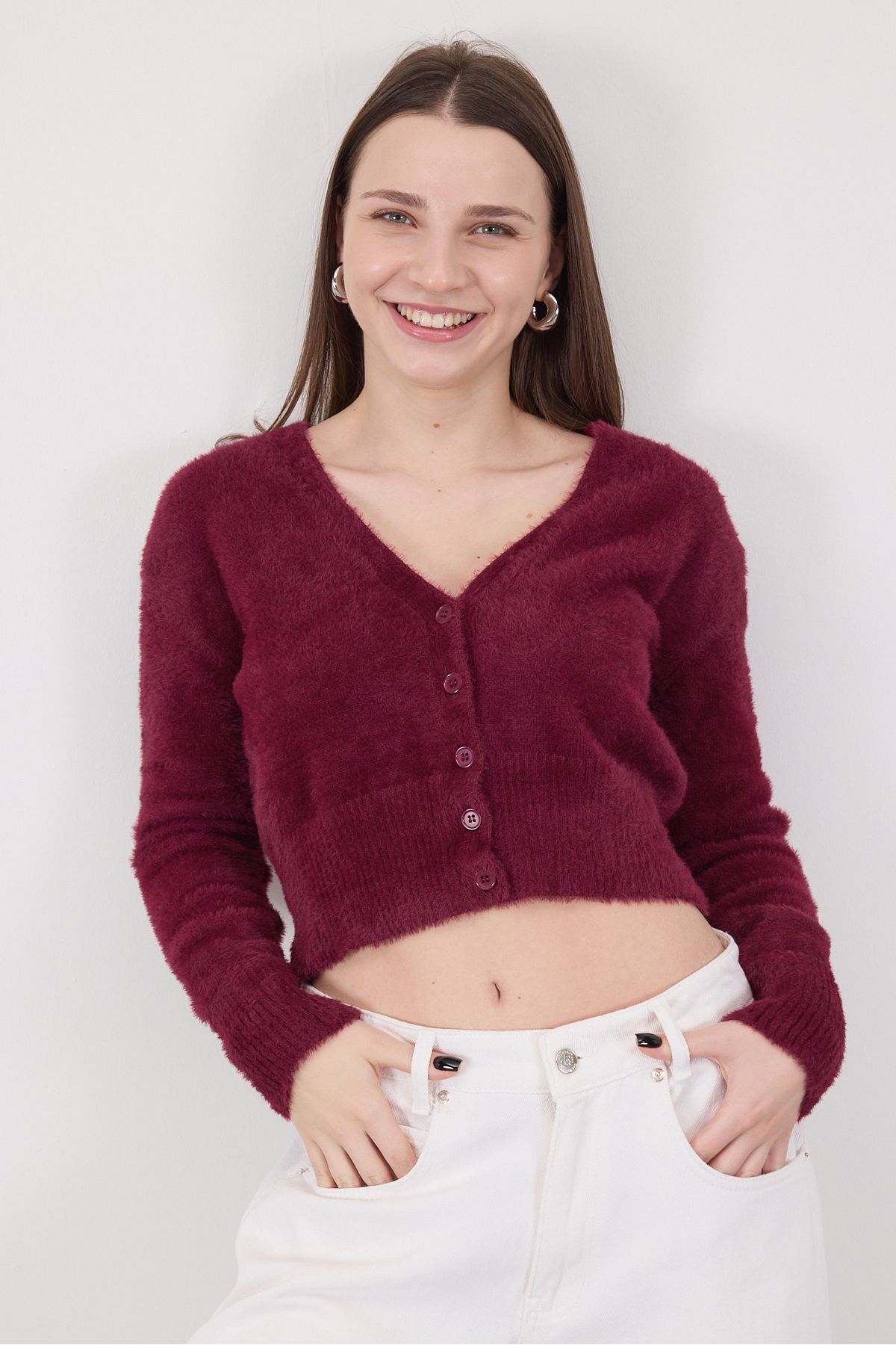 Addax-Soft Textured Buttoned Crop Cardigan H3339-A2 3