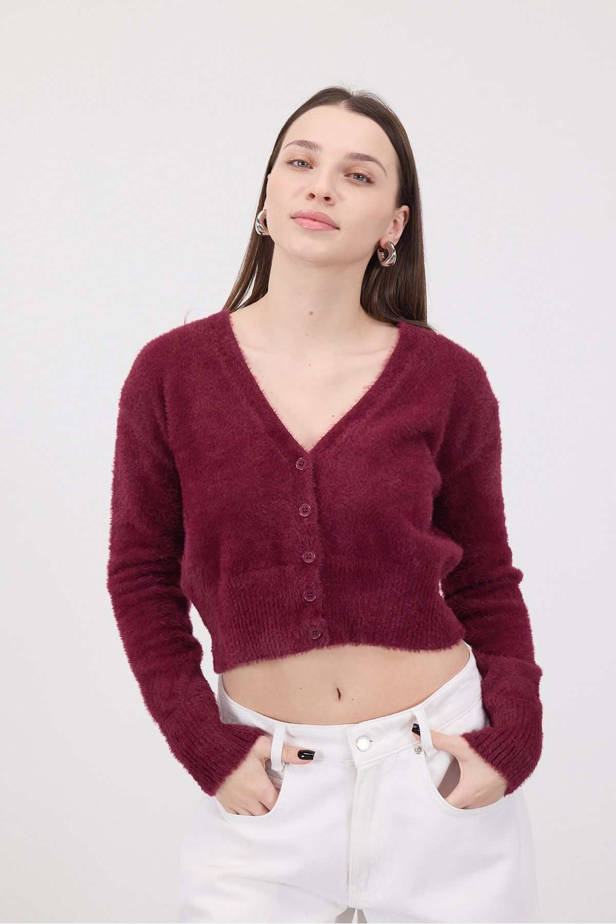 Addax-Soft Textured Buttoned Crop Cardigan H3339-A2 5