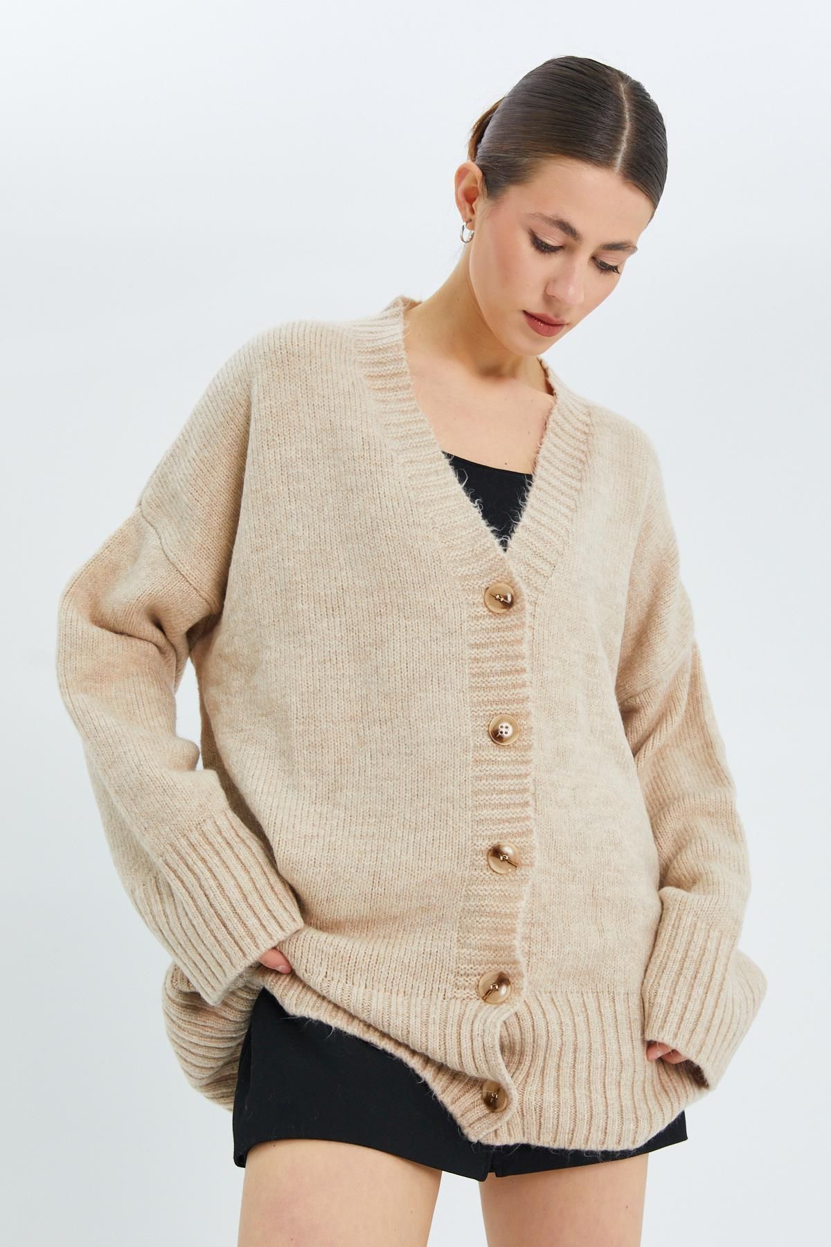 Mixray-6927 Cardigan de tricotaj de damă bej - Model de bază moale și largi 5
