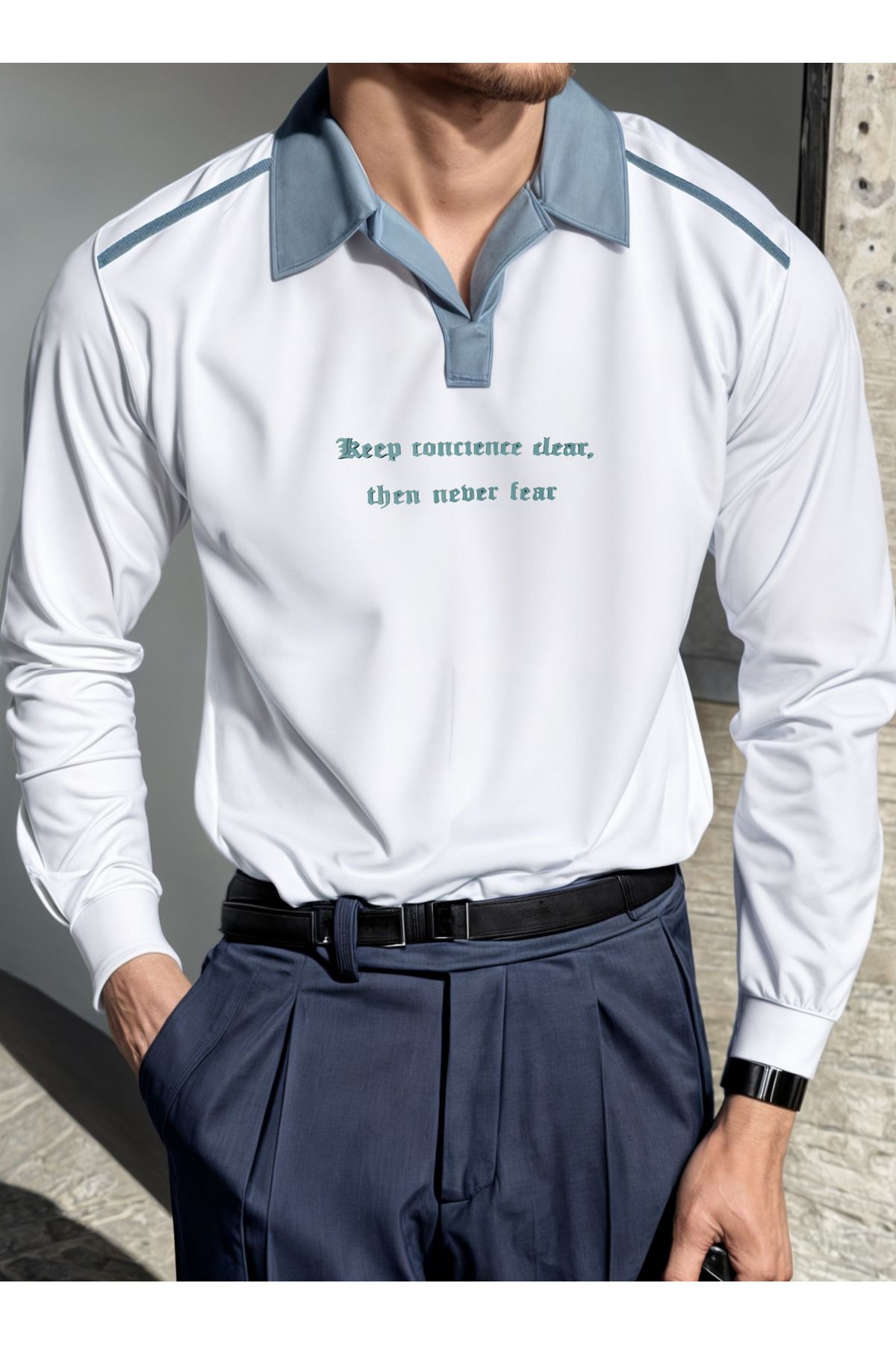 sunfyre-Men's Long Sleeve Oversize Polo Neck Button Sweatshirt with Inscription on the Front 1