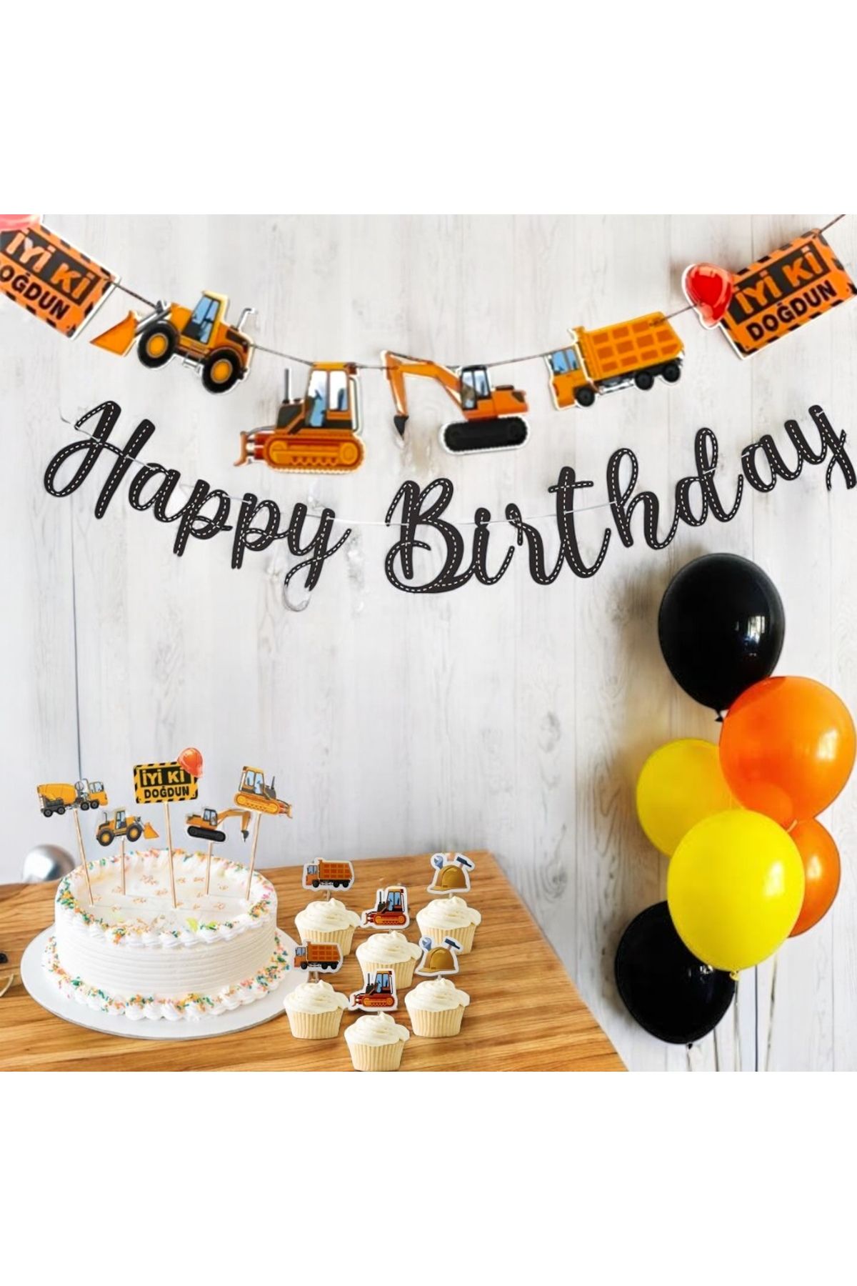 Partifabrik-Construction Themed Party Set with Balloons - Construction Machinery 2