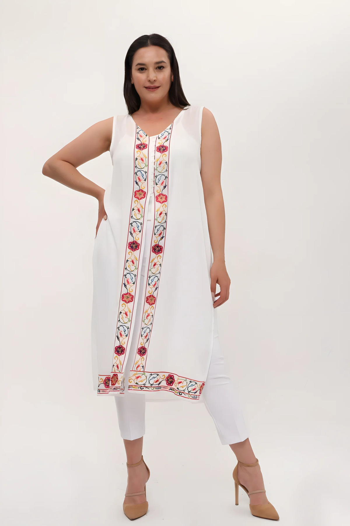 Hanezza-Women's Large Size White Zero Sleeve 42-52 Embroidered Below the Knee Slit Crepe Vest 3