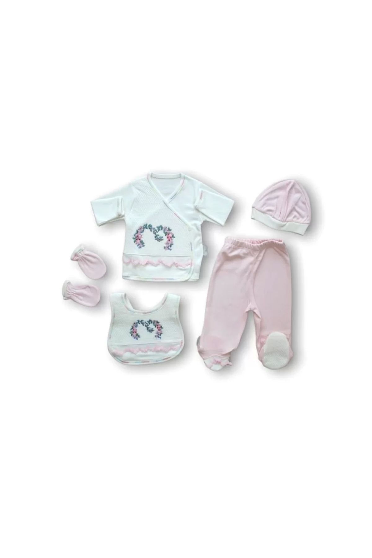 Miravm Anadolunun Kalbi Nakışlı %100 Cotton Antibakteriyel 5li Zıbın Takımı Hastane Çıkışı Pembe