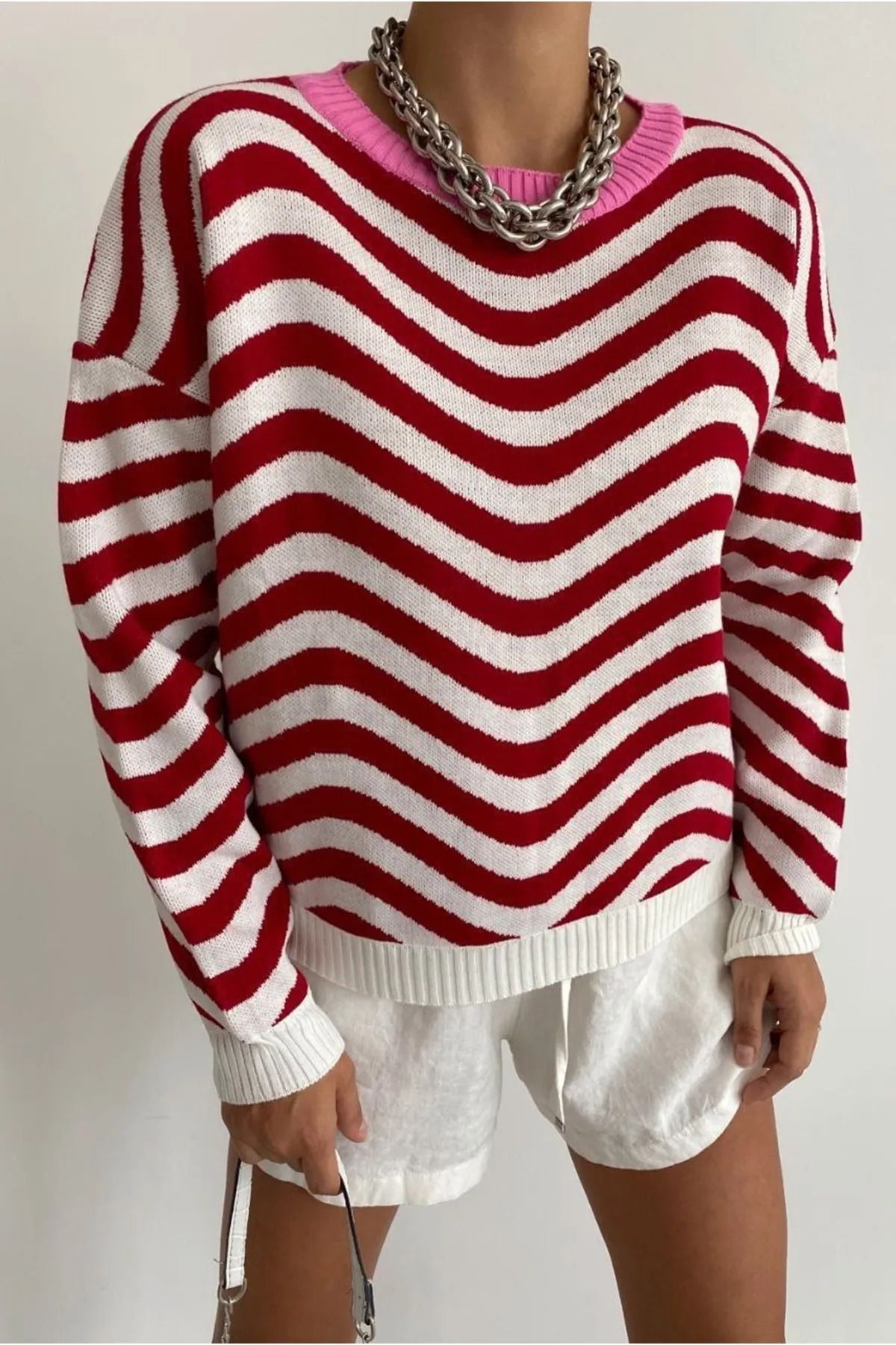 vuvutasarım-New Season Crew Neck Asymmetrical Red Striped Women's Knitwear Sweater 0113 3