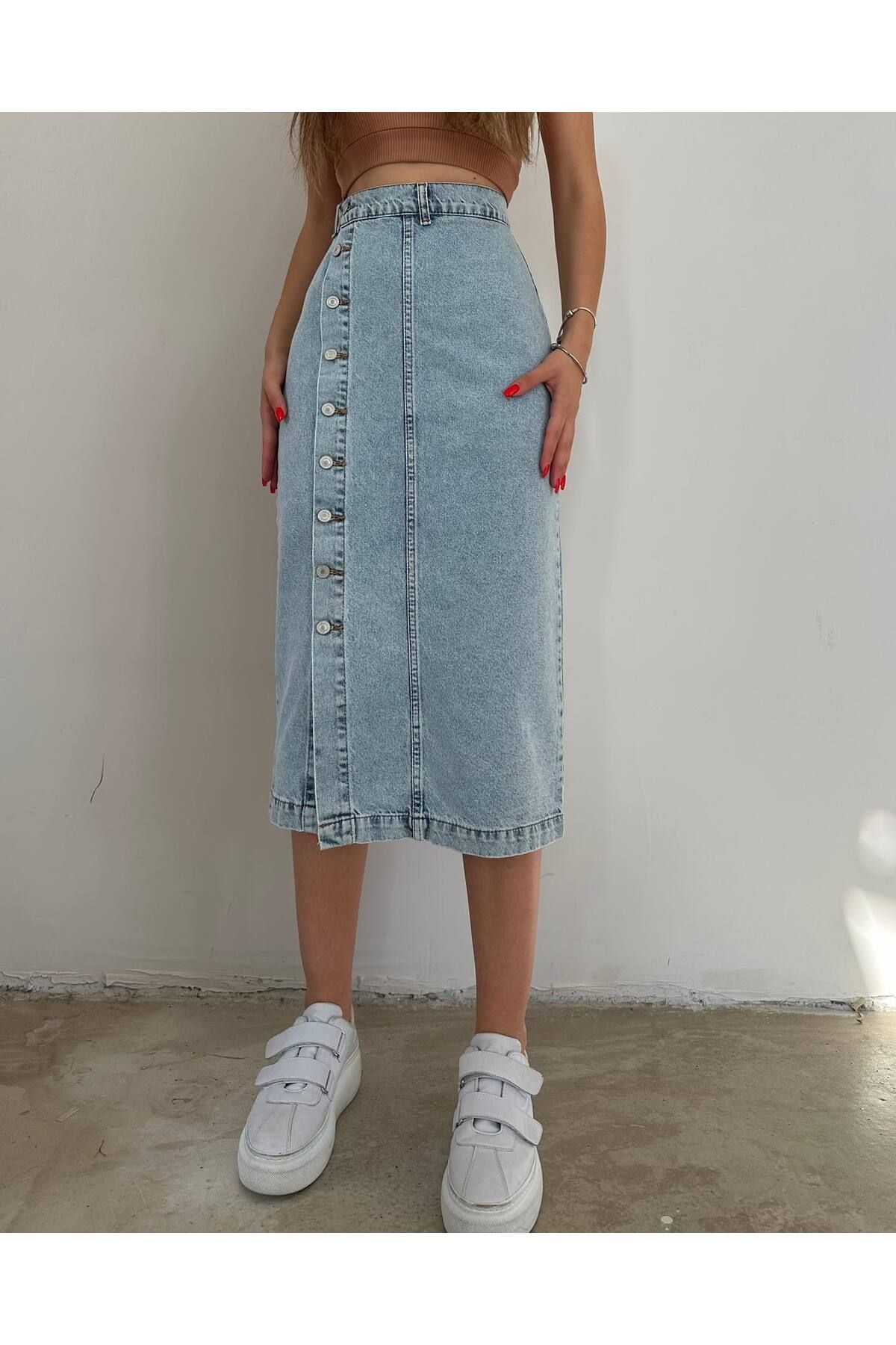 Özman Butik-Light Color Front Buttoned Denim Skirt 3