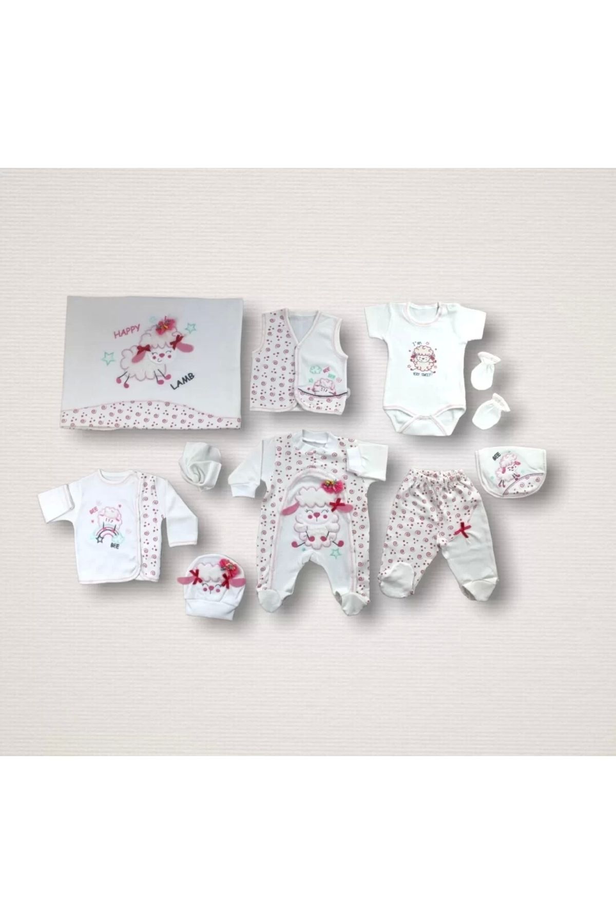 Miravm Kıvırcık Kuzu Nakışlı %100 Cotton Antibakteriyel 10lu Zıbın Takımı Hastane Çıkışı Ekru