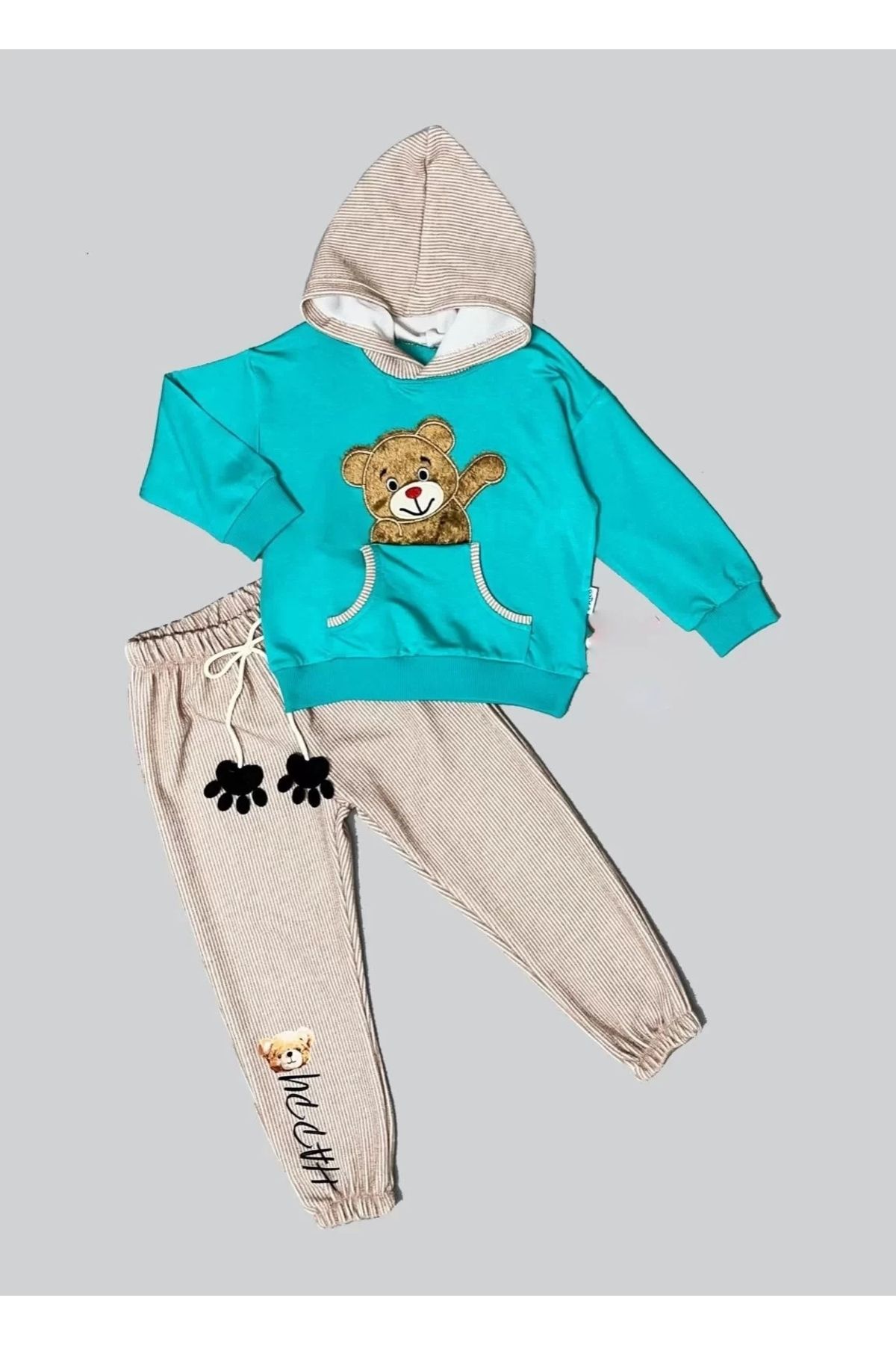 Miravm Pelüş Ayı Desenli Kapşonlu Uzun Kollu Penye Sweat 2li Erkek Çocuk Takımı Mint Yeşili