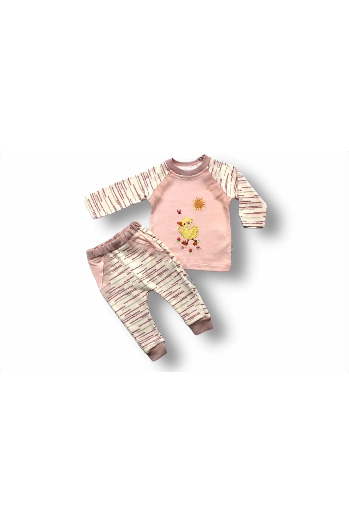 Miravm Süslü Ördek Nakışlı Uzun Kollu Sweatli 2li Kız Bebek Takımı Pembe